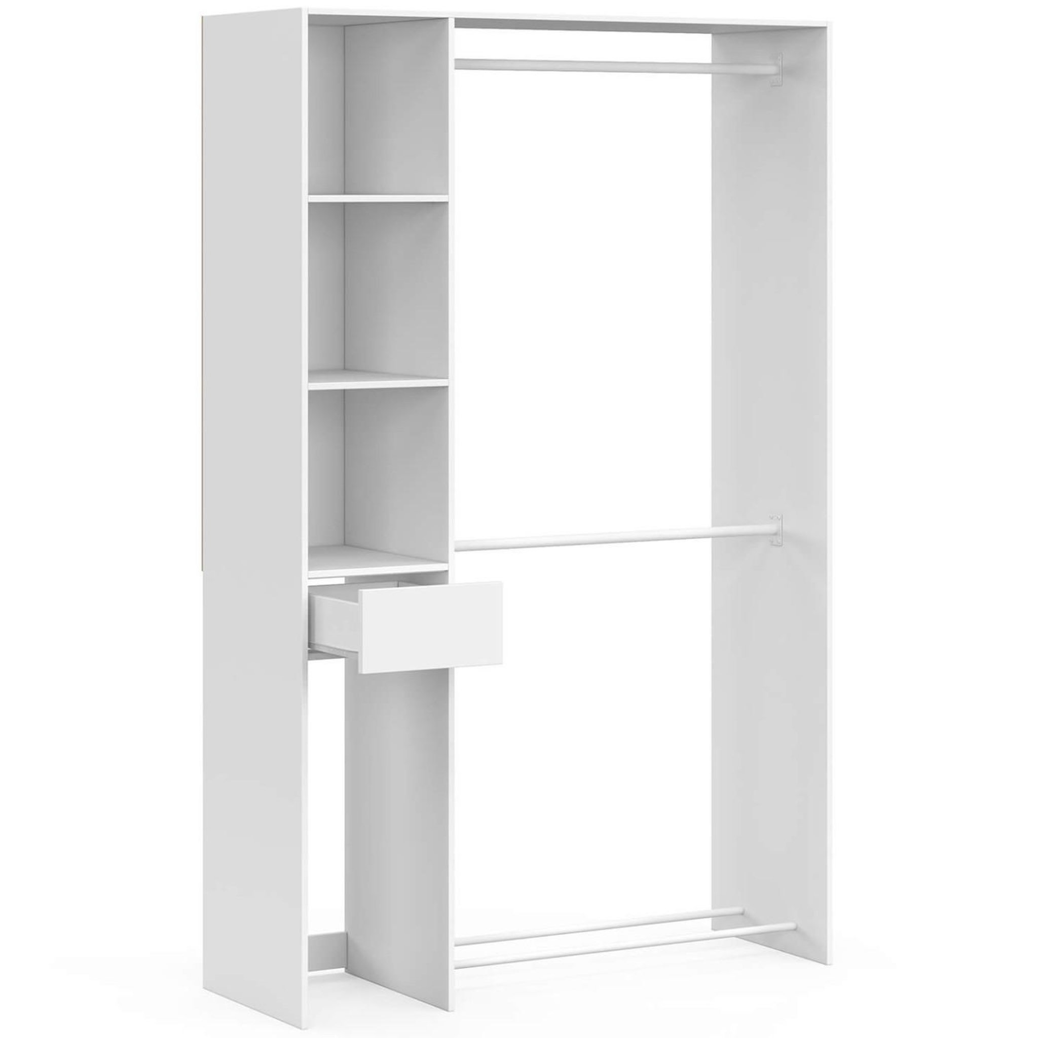Voir la diapositive 5 : ID MARKET Dressing double penderie l. 110 cm mirty avec étagères + tiroir + rangements à chaussures blanc