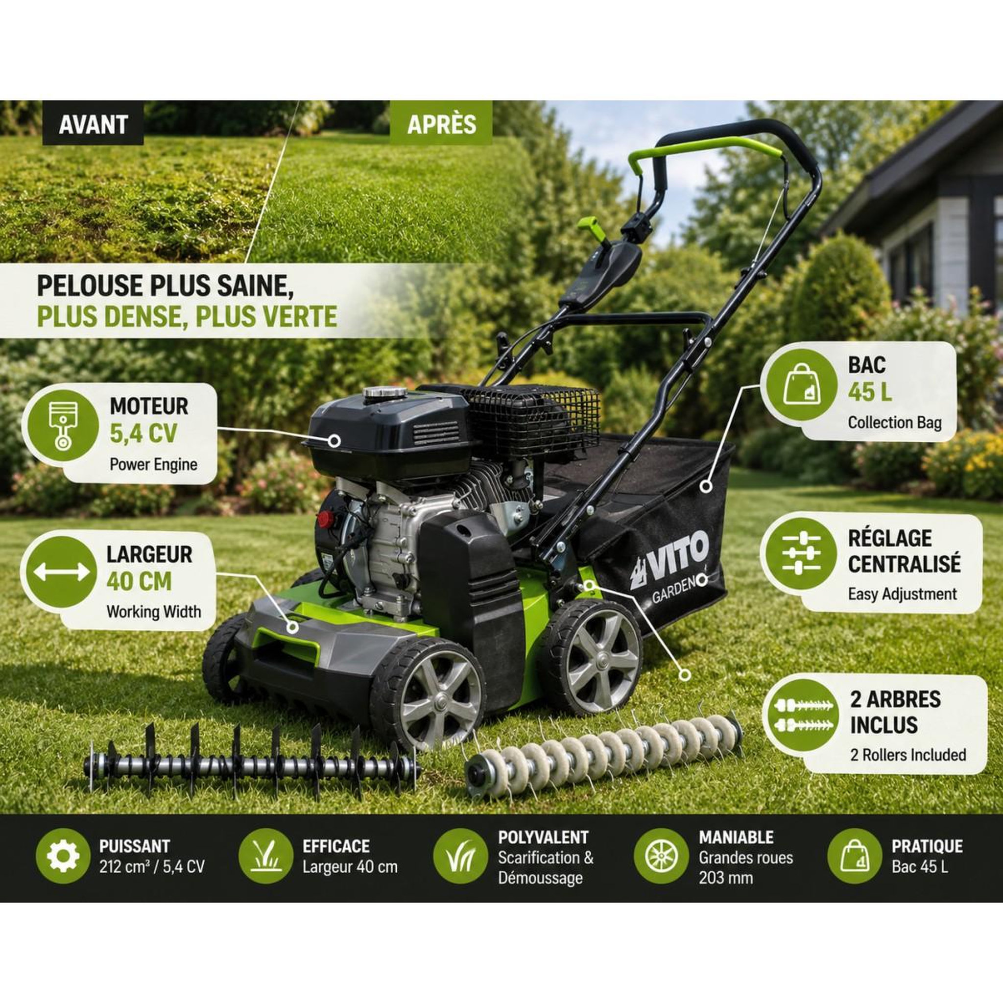 Voir la diapositive 2 : VITO Scarificateur thermique 5,4 cv – scarificateur & démousseur pelouse 2000 m2, largeur 40cm, réglable, bac 45l vito