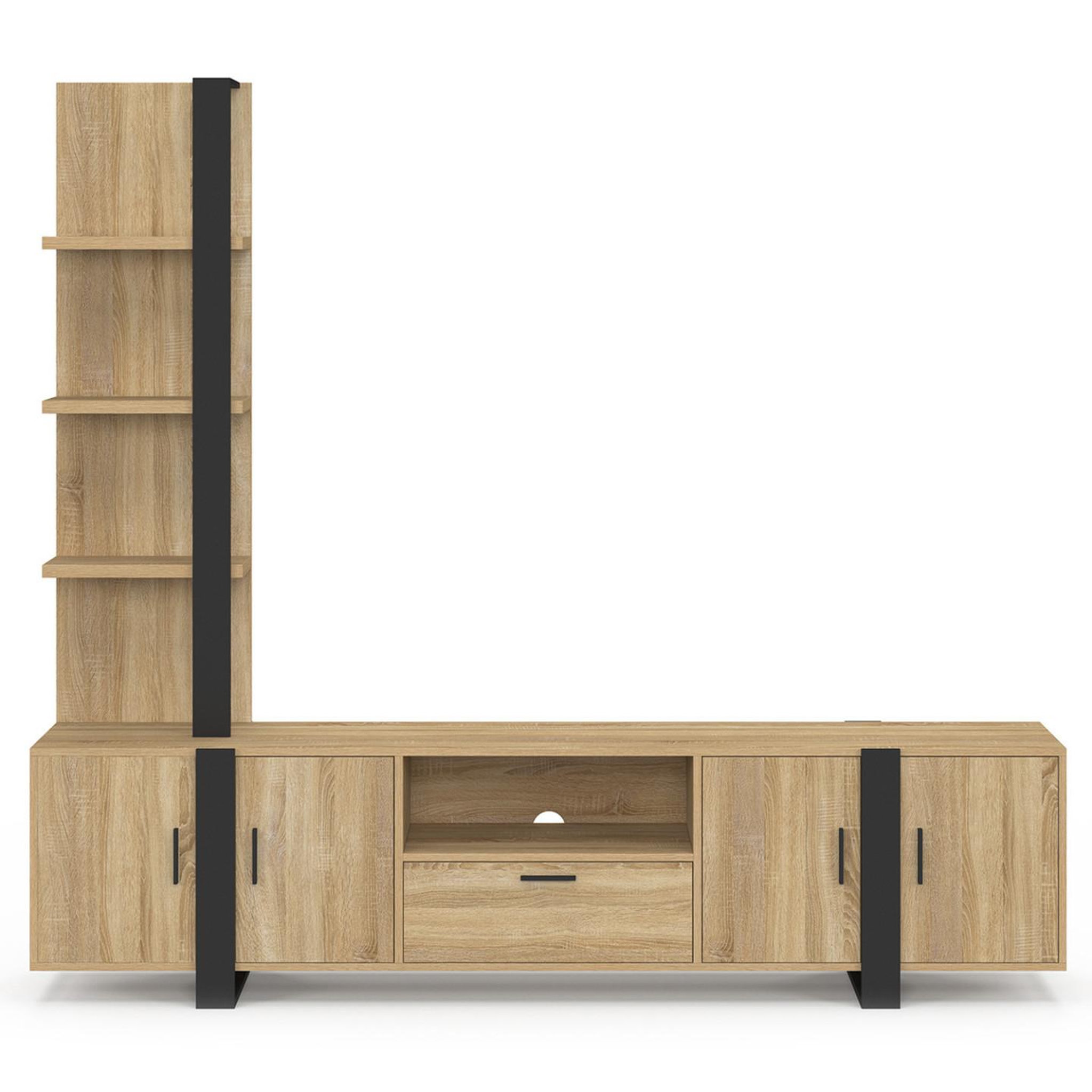 Voir la diapositive 3 : ID MARKET Ensemble meuble tv avec étagères et placard 200 cm phoenix bois et noir