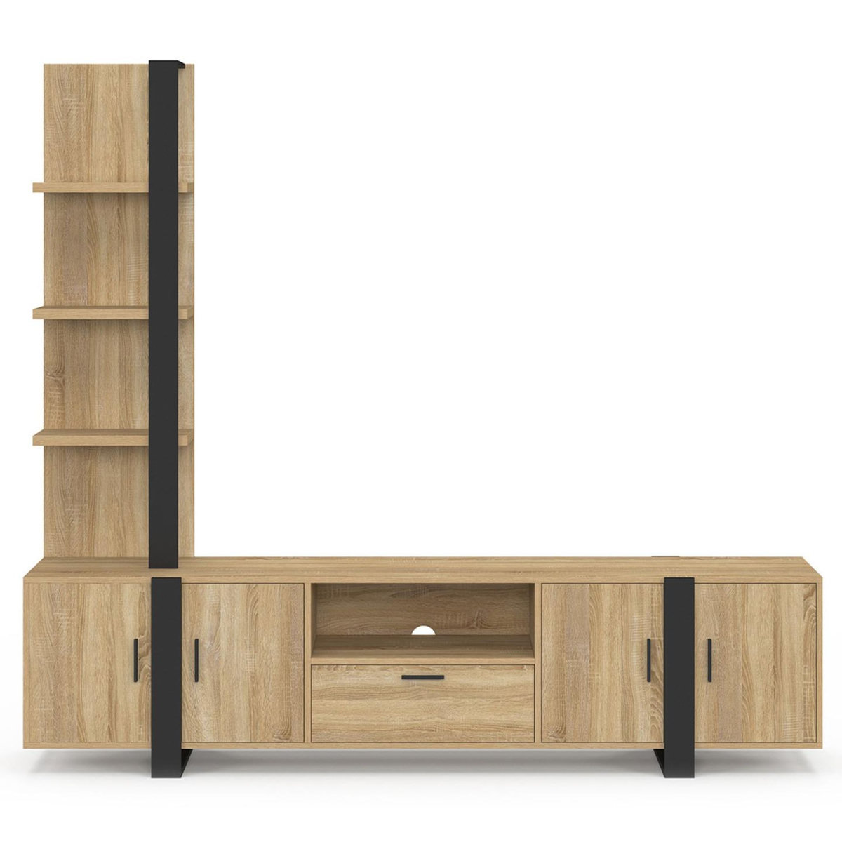 ID MARKET Ensemble meuble TV avec étagères et placard 200 cm PHOENIX bois et noir