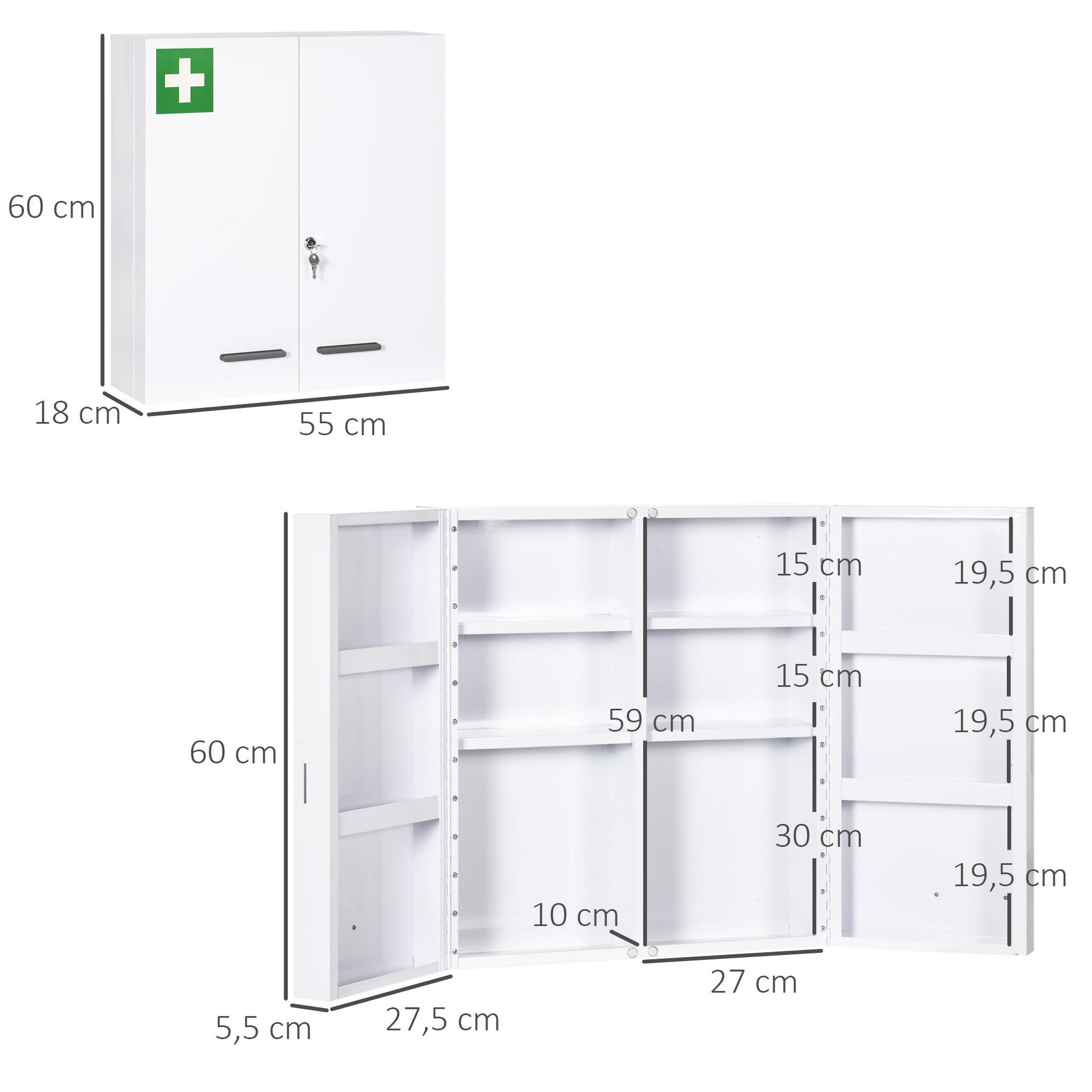 Voir la diapositive 3 : KLEANKIN Armoire à pharmacie murale verrouillable 2 portes 6 étagères 6 compartiments dim. 55 x 18 x 60 cm acier blanc