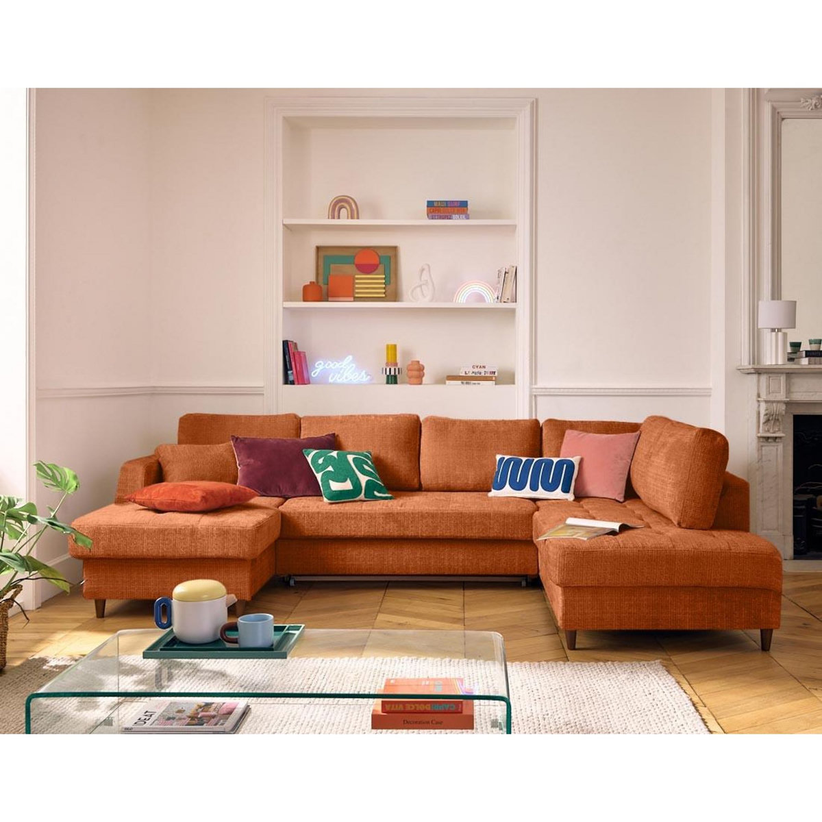 LISA DESIGN Anna - canapé panoramique d'angle droit 7 places convertible avec coffre en velours texturé