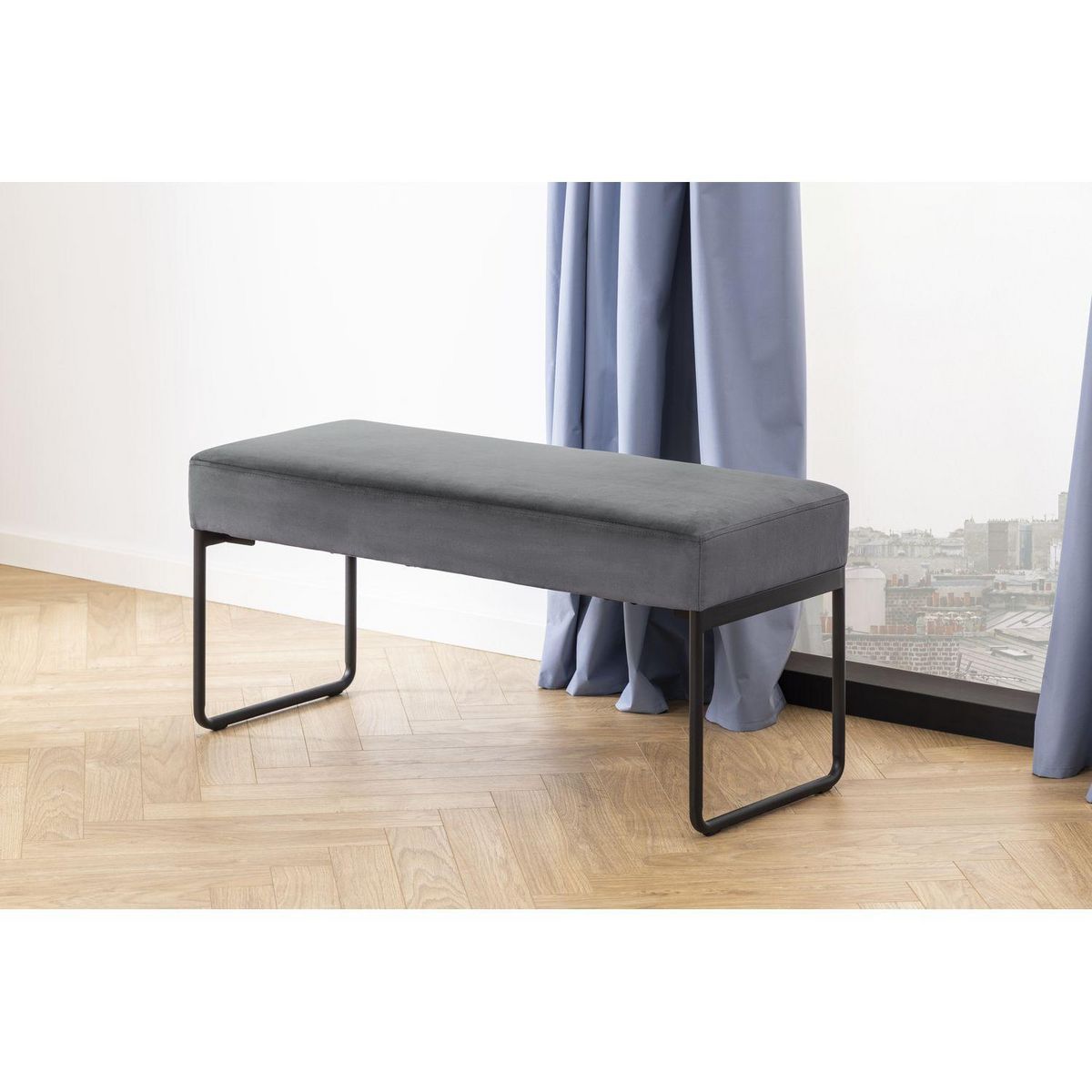 TOILINUX Banc 2 places en tissus effet velours et Métal - Gris et Noir