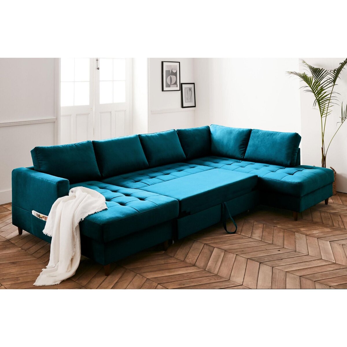 LISA DESIGN Anna - canapé panoramique d'angle droit - 7 places - convertible avec coffre - en velours