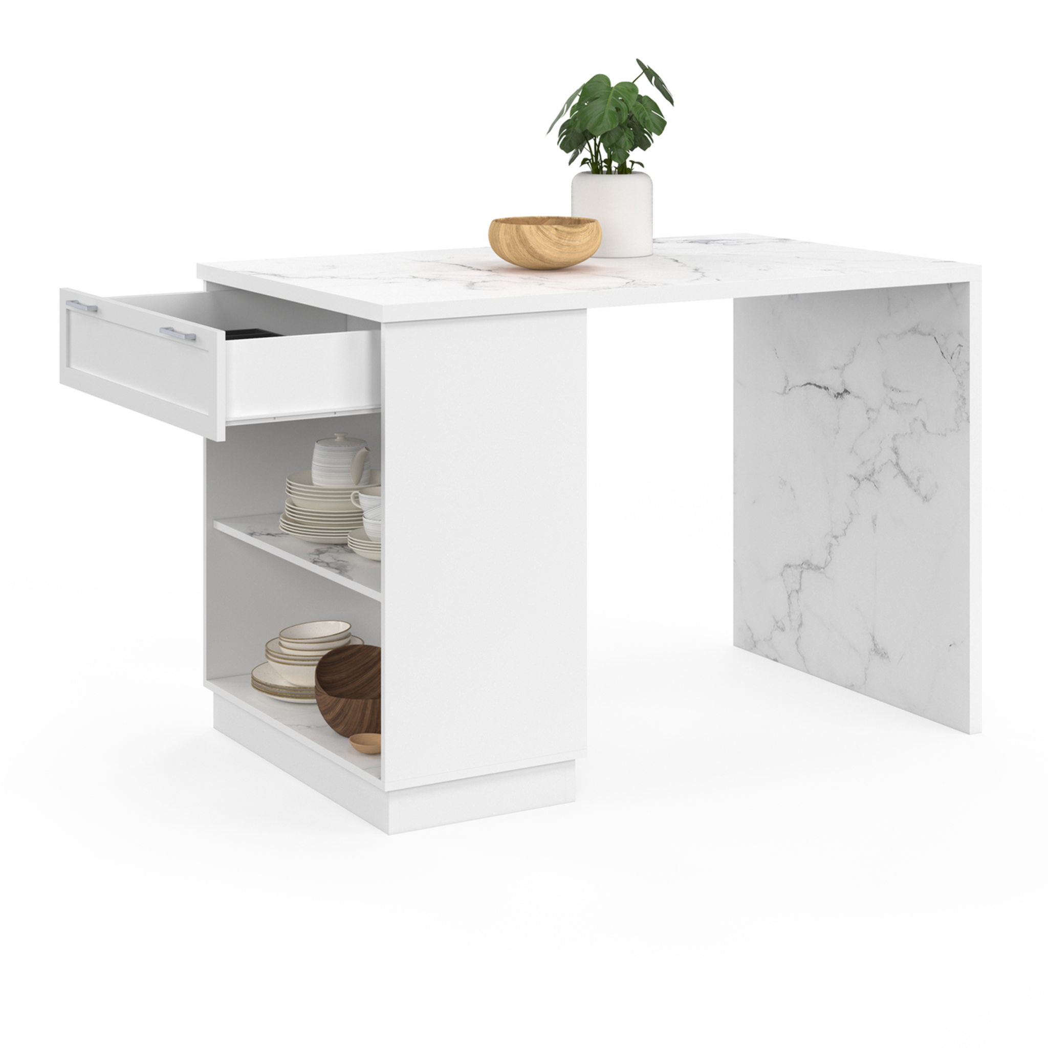 Voir la diapositive 4 : ID MARKET Ilot central mange-debout 4 personnes vito 130 cm blanc et plateau marbre alaska