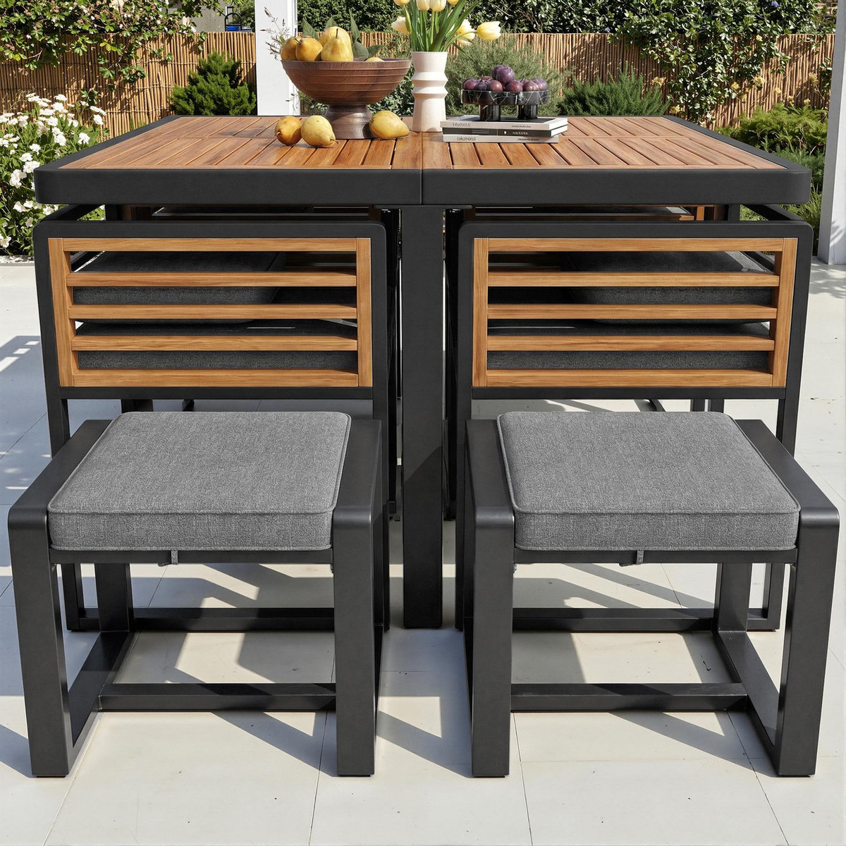 MERAX Salon de jardin repas 12 places en métal et bois avec 12 chaises et 2 tables en bois massif, gris