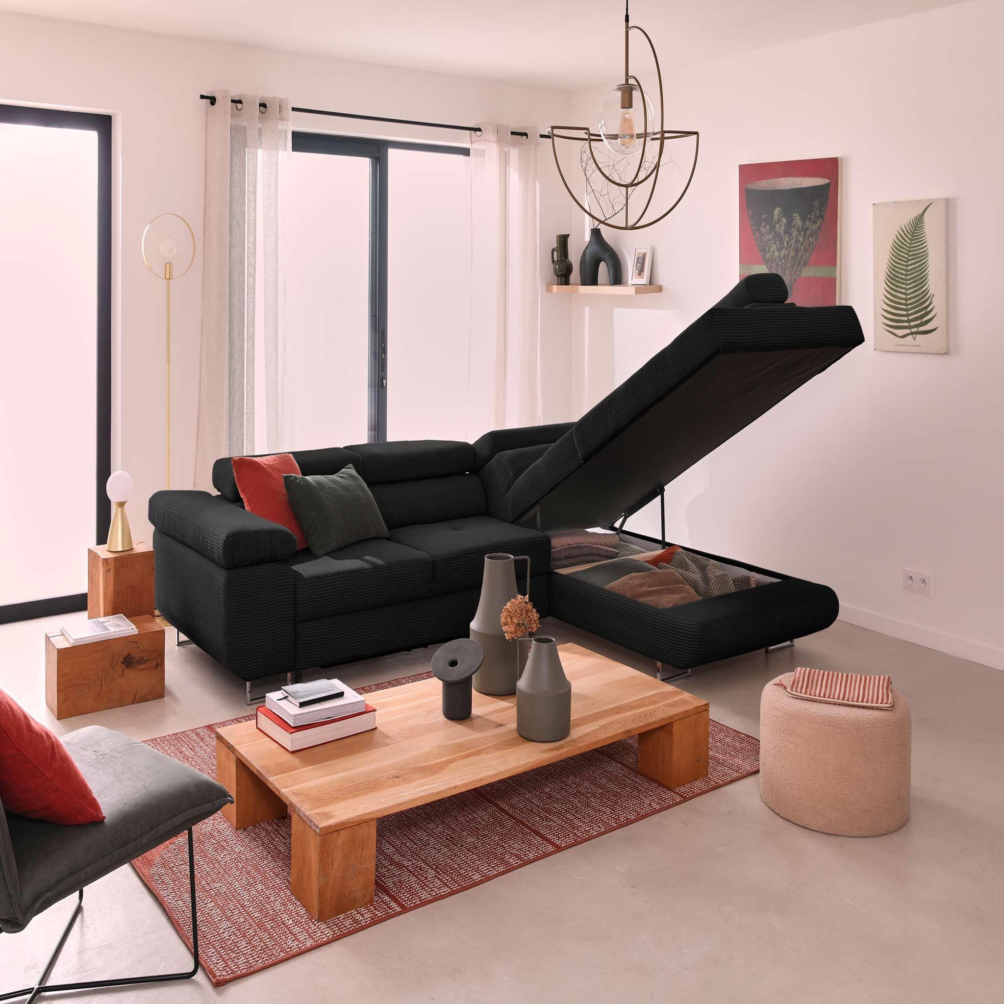 Voir la diapositive 3 : BEST MOBILIER Zaria - canapé d'angle droit - convertible avec coffre et têtières réglables - 5 places - en velours côtelé