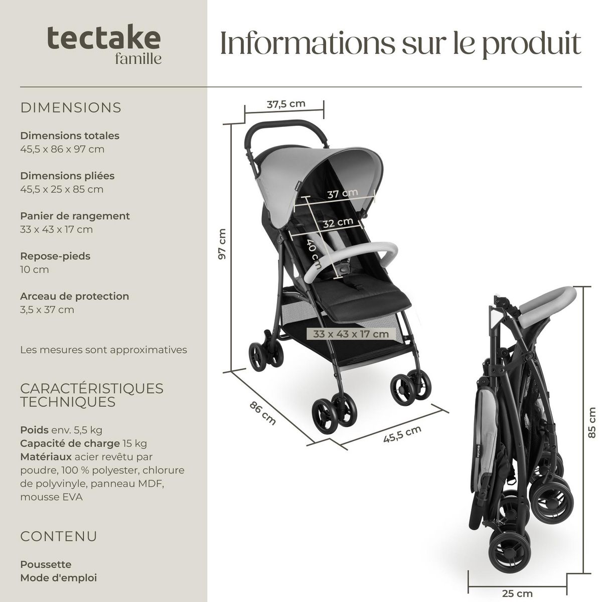 tectake Poussette pliable avec harnais à 5 points noir/gris