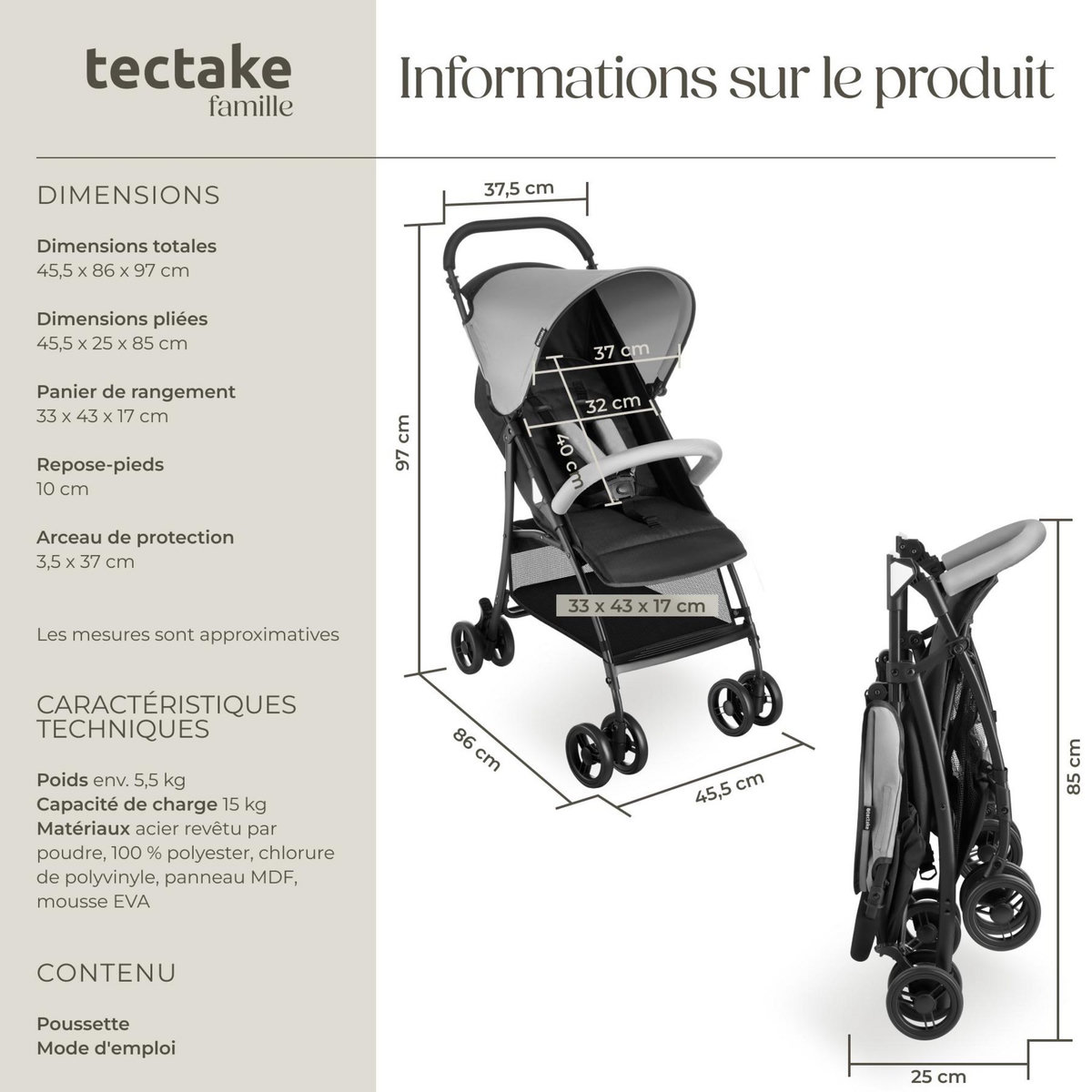 tectake Poussette pliable avec harnais à 5 points noir/gris