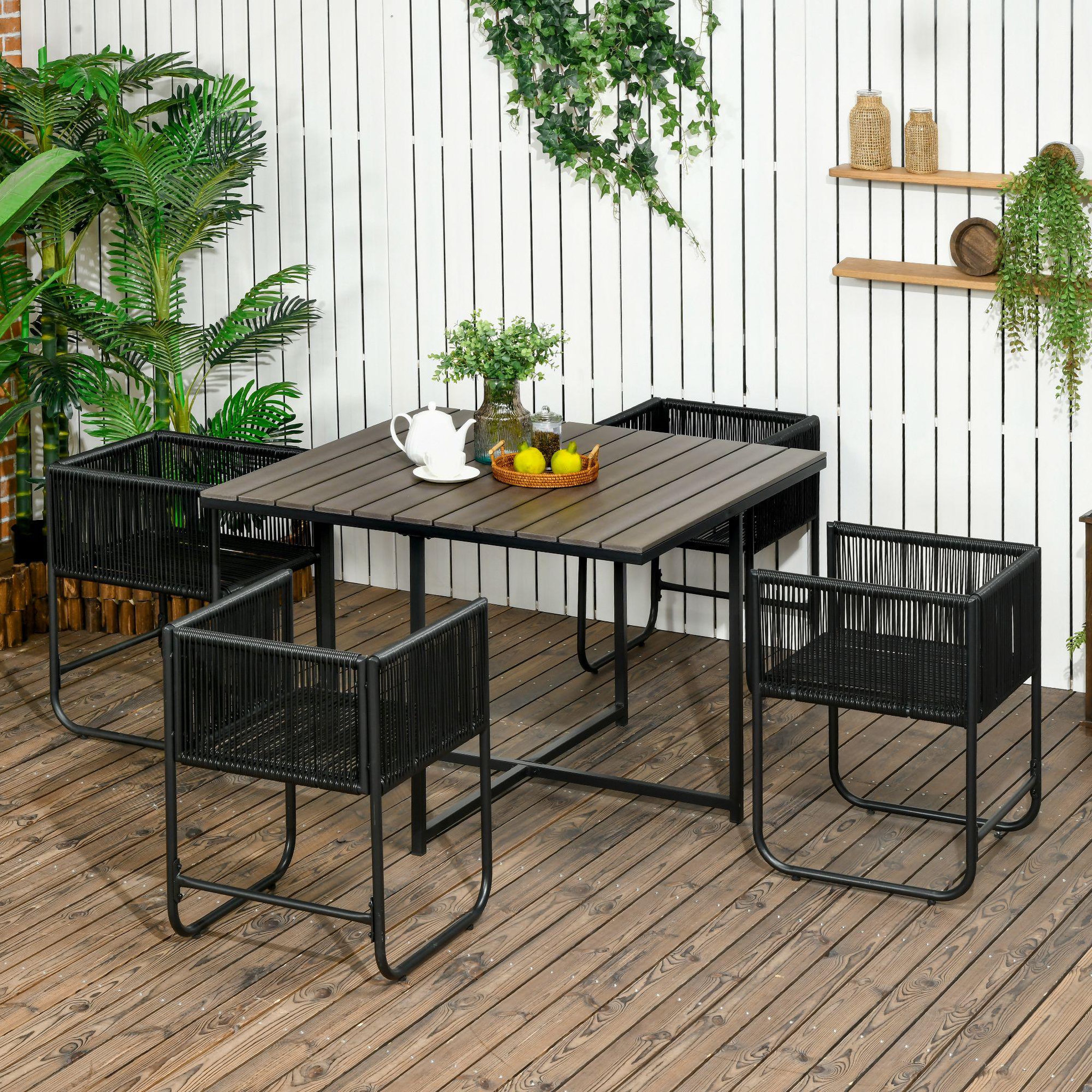 Voir la diapositive 2 : OUTSUNNY Ensemble salon de jardin encastrable 4 personnes 5 pièces - coussins déhoussables - métal résine filaire noir gris