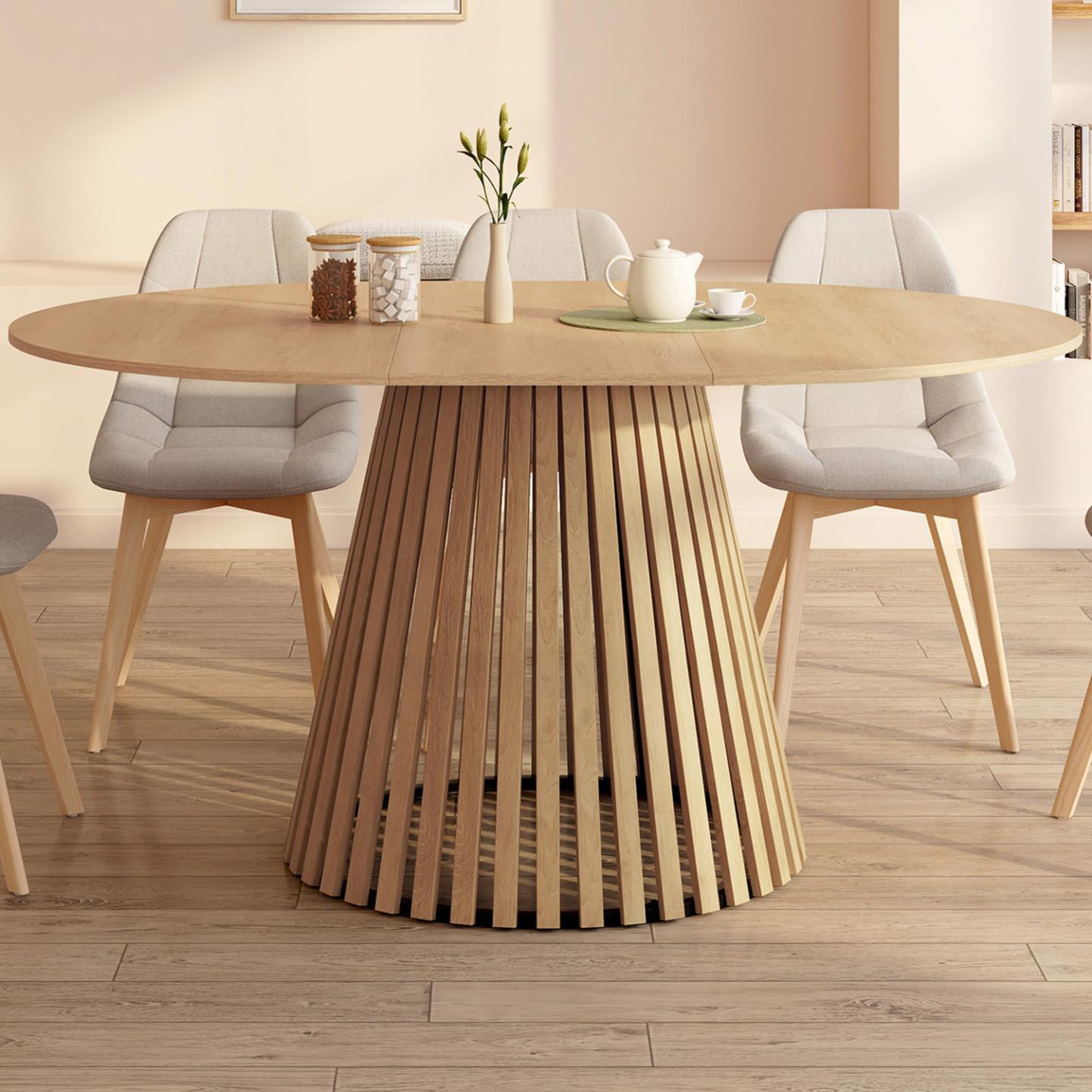 Voir la diapositive 2 : ID MARKET Table à manger extensible ronde carmen 4-8 personnes pied bois en lattes et plateau bois 110 - 150 cm