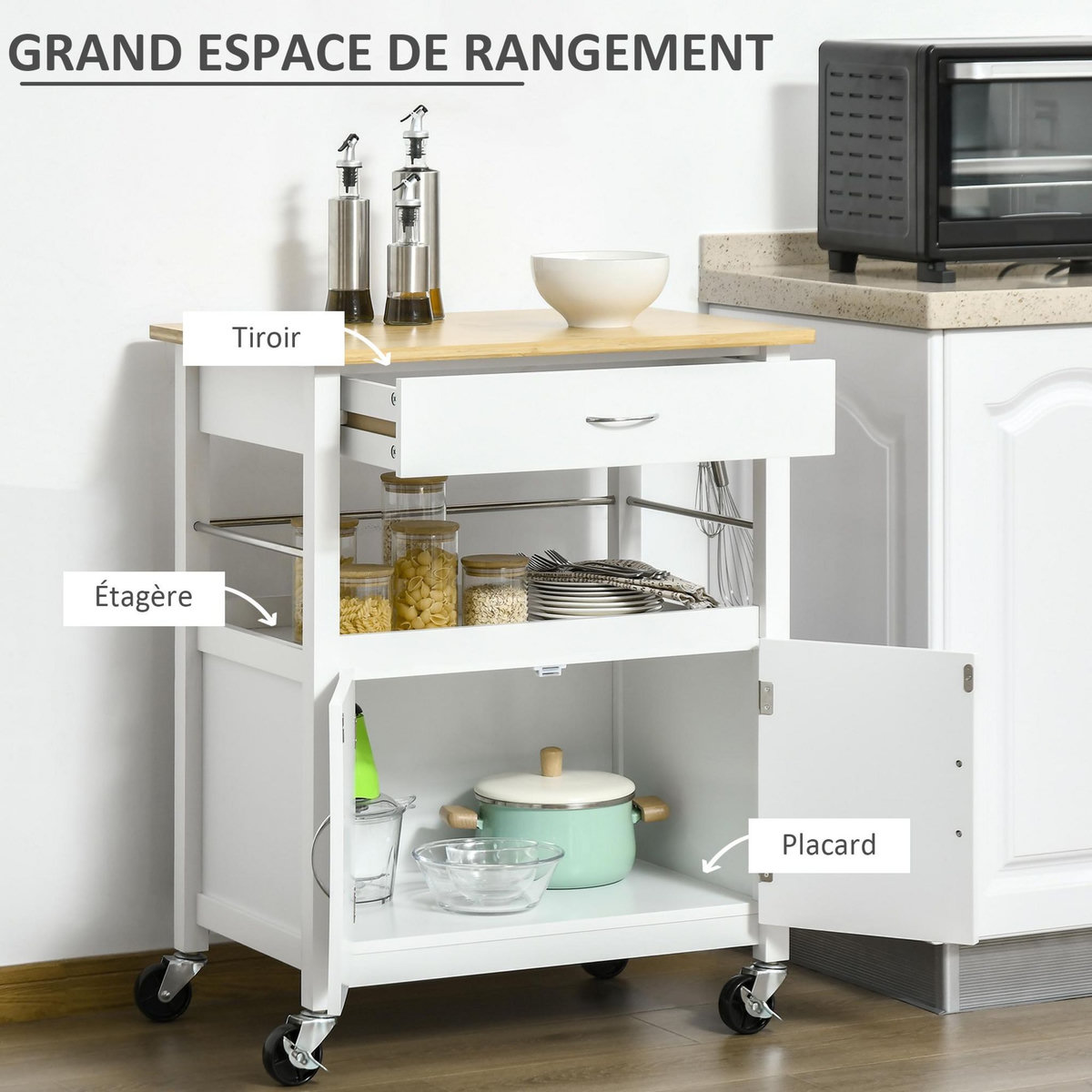 HOMCOM Desserte de cuisine multi-rangements - dim. 73L x 50l x 91H cm - poignées métal MDF blanc plateau bois bambou verni