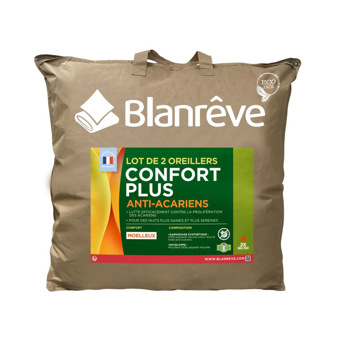 BLANREVE Lot de 2 Oreillers Moelleux  Anti-Acariens CONFORT  PLUS 