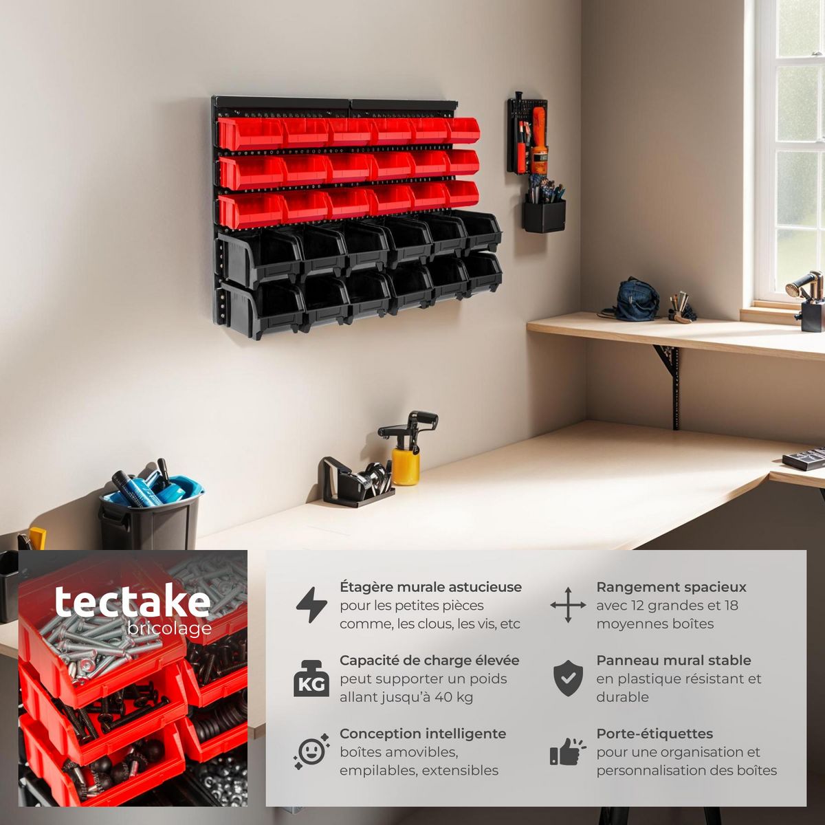 tectake Étagère murale avec bacs de rangement 31 pièces noir une pièce