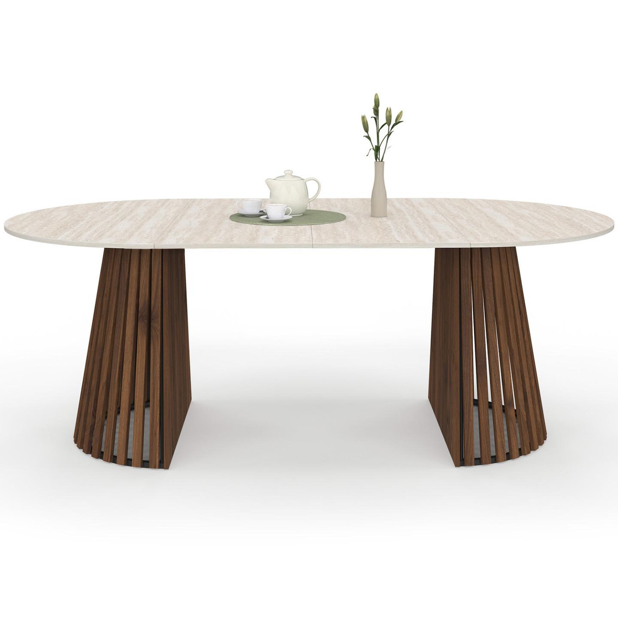 ID MARKET Table à manger extensible ronde carmen 4-10 personnes pied noyer en lattes et plateau effet travertin 110-200 cm