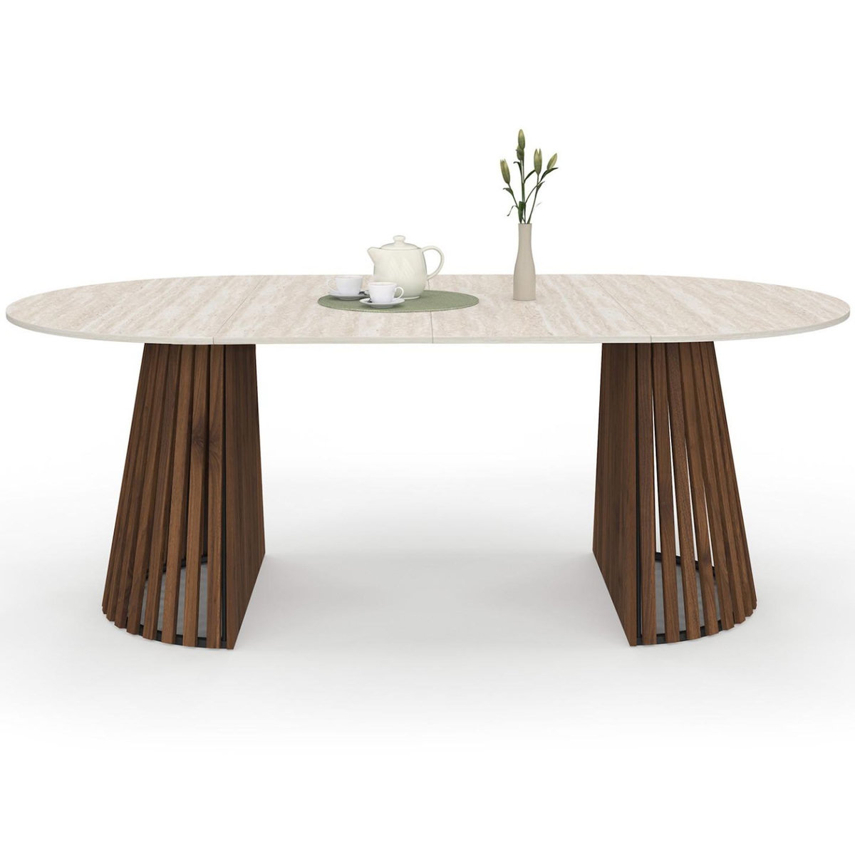 ID MARKET Table à manger extensible ronde CARMEN 4-10 personnes pied noyer en lattes et plateau effet travertin 110-200 cm