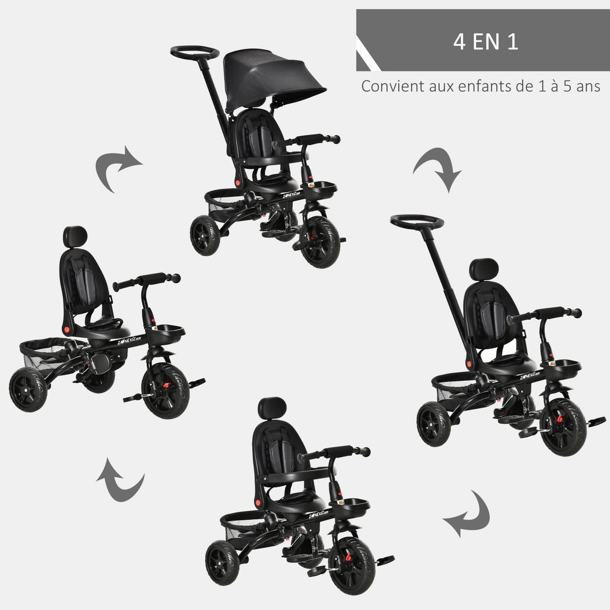 HOMCOM Tricycle enfant évolutif pliable 4 en 1 multifonction - pare-soleil, canne télescopique amovible - siège pivotant, harnais, arceau sécurité - 3 paniers rangement - métal PP noir