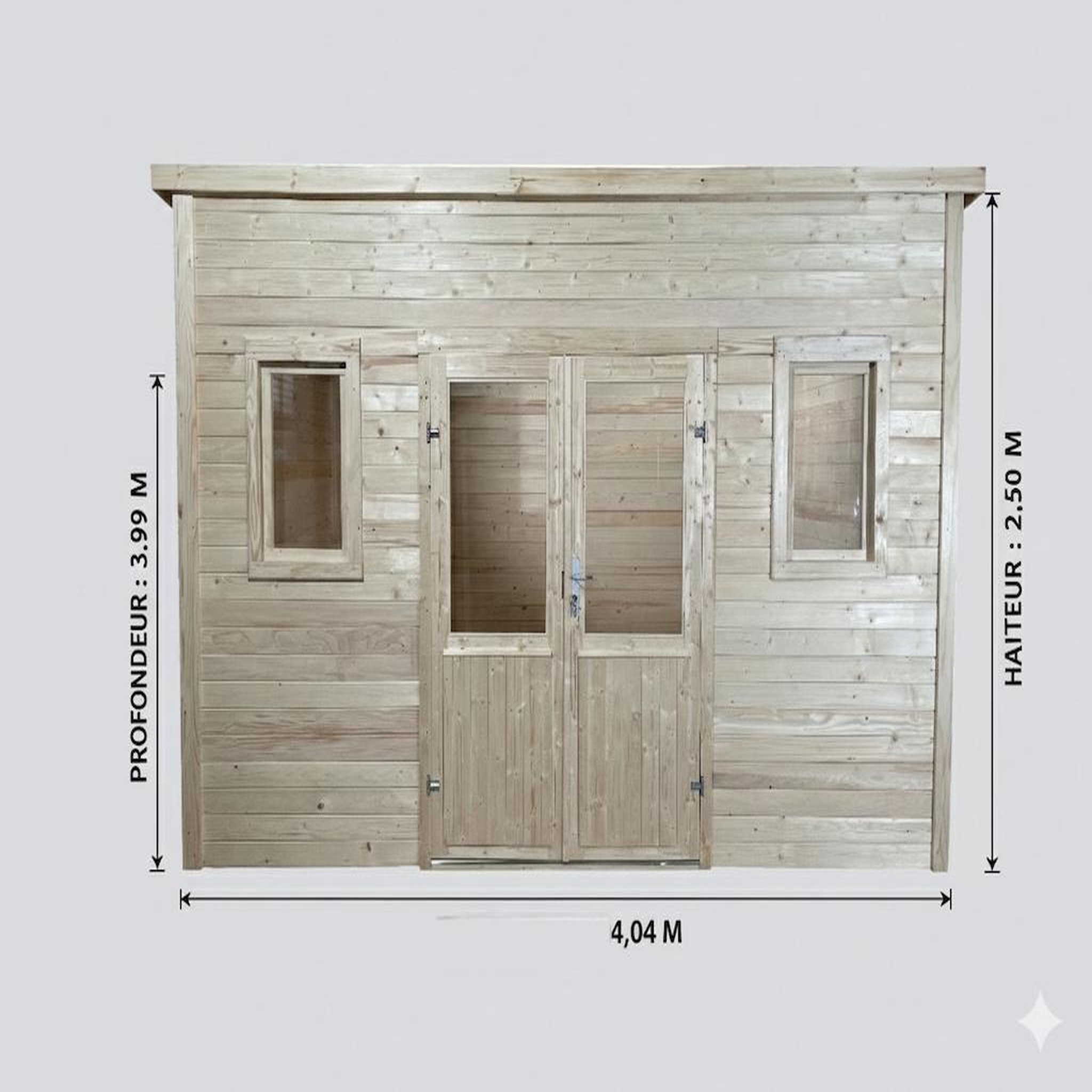 CENTRALE BRICO Abri de jardin bois massif 14,02 m² - madriers 28 mm - toit monopente acier - double porte vitrée + fenêtres