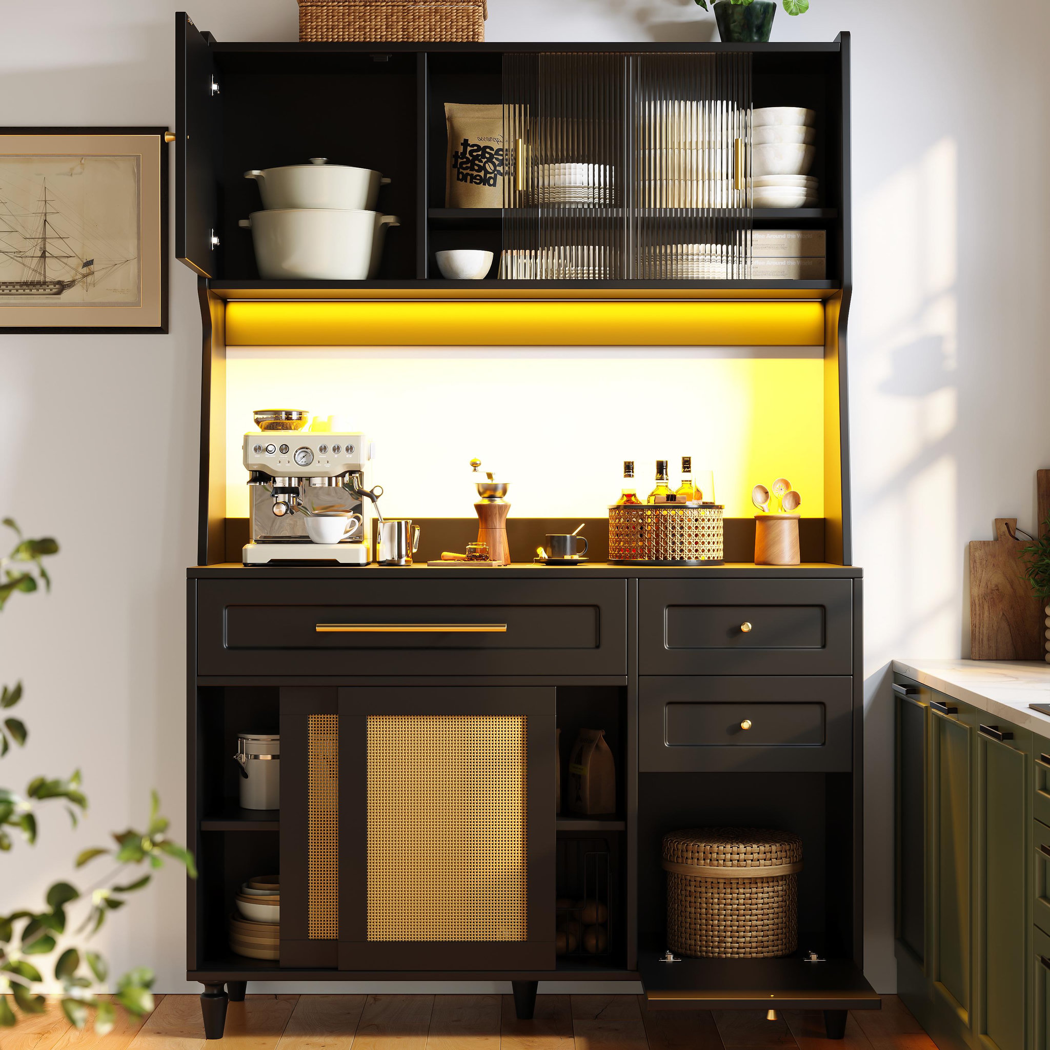 Voir la diapositive 5 : MERAX Buffet de cuisine 6 portes 3 tiroirs - 120 cm noir led mdf et panneau de particules
