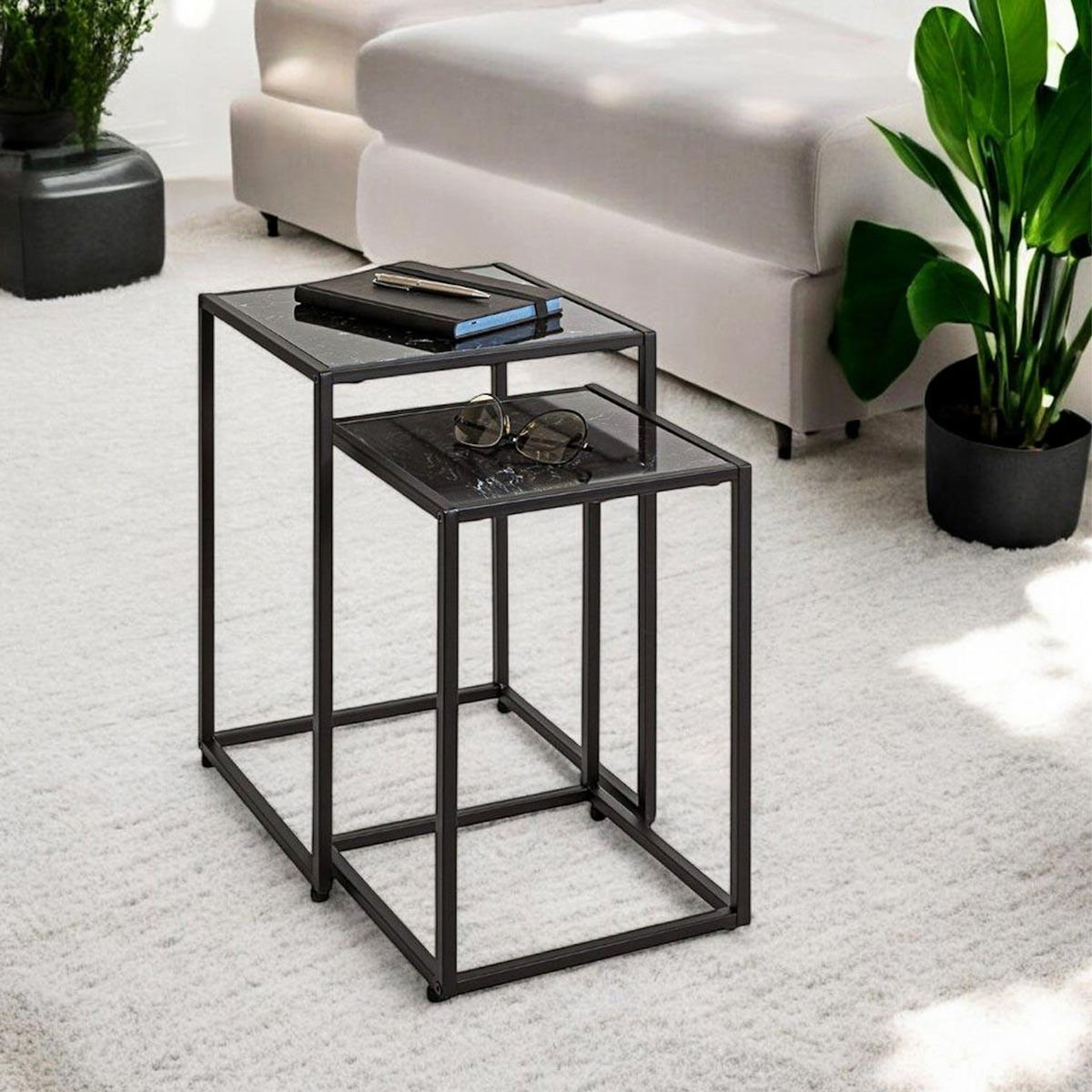 Paris Prix Lot de 2 Tables d'Appoint Effet Marbre  Silvia  50cm Noir