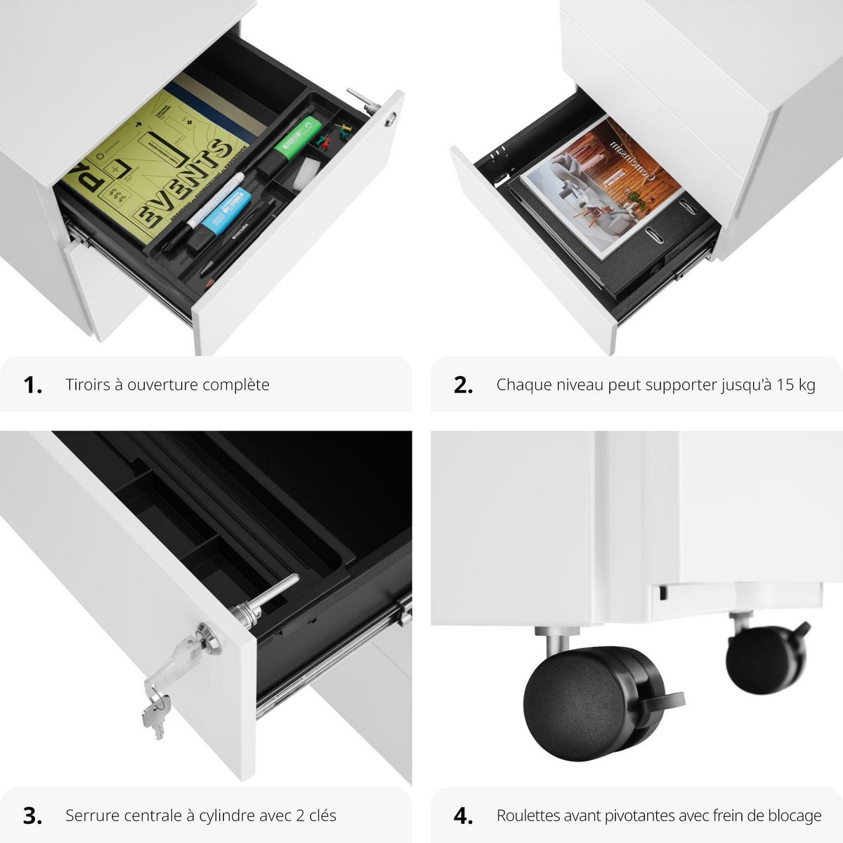 tectake Caisson de bureau à roulettes en acier laqué époxy blanc