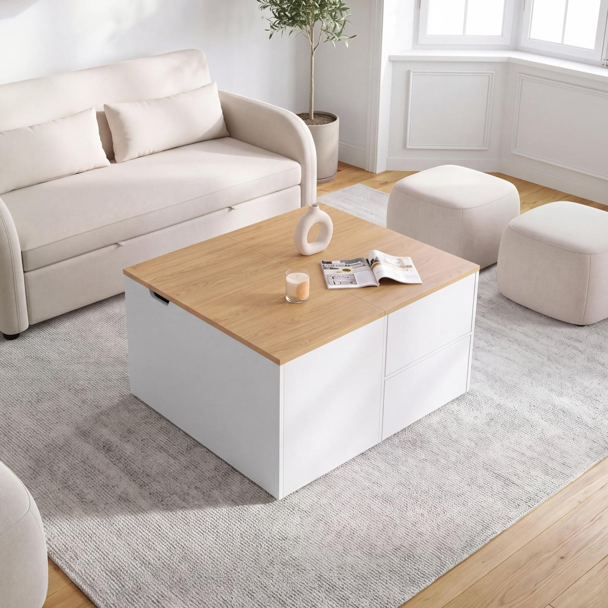 Voir la diapositive 5 : ID MARKET Table basse plateau relevable carrée CALIA 80 cm avec 2 coffres et 2 tiroirs blanc et bois