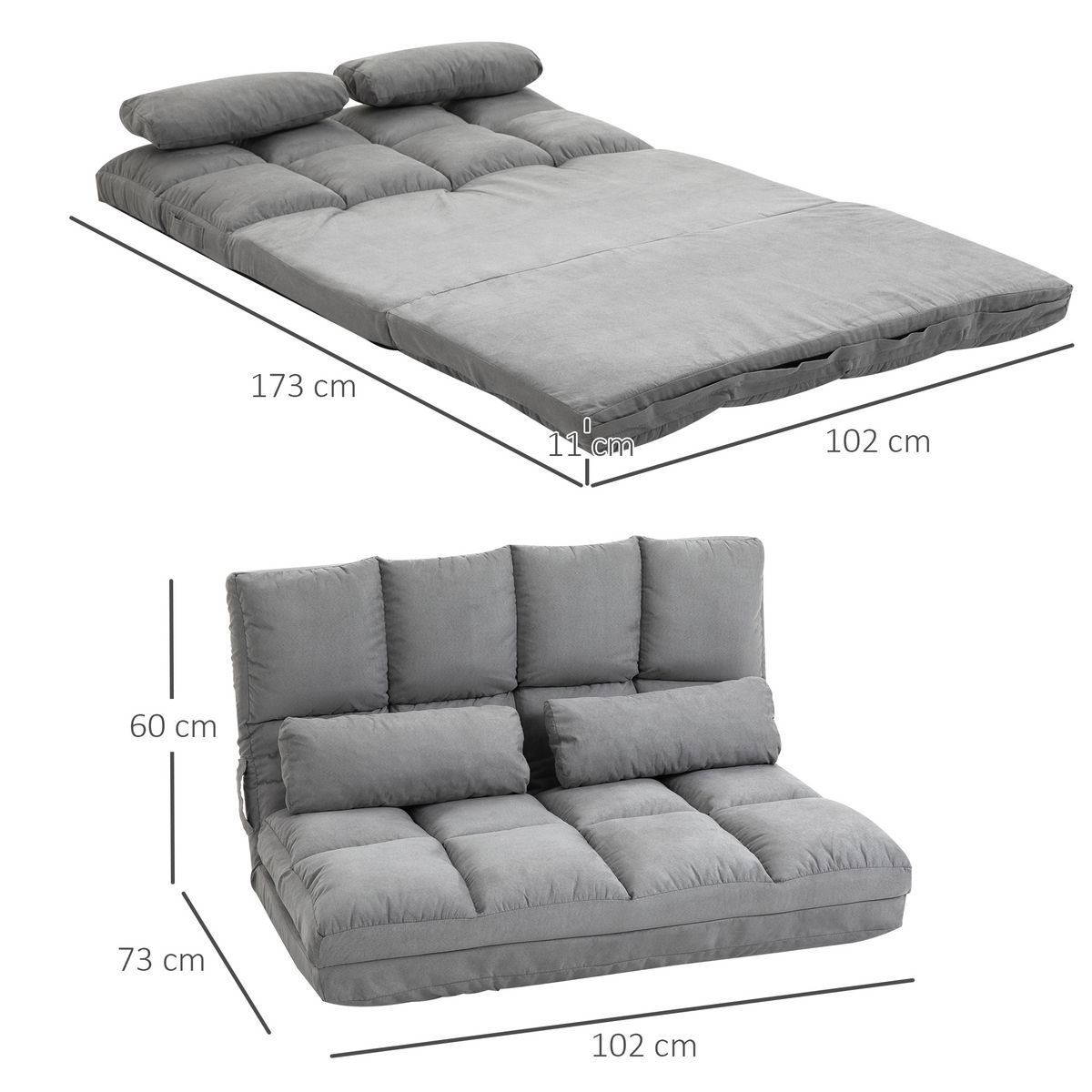 HOMCOM Chauffeuse - matelas d'appoint pliant - fauteuil convertible - inclinaison dossier réglable 14 positions - 2 coussins inclus - polyester aspect suédé gris