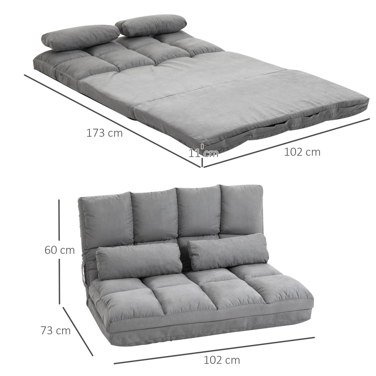 HOMCOM Chauffeuse - matelas d'appoint pliant - fauteuil convertible - inclinaison dossier réglable 14 positions - 2 coussins inclus - polyester aspect suédé gris