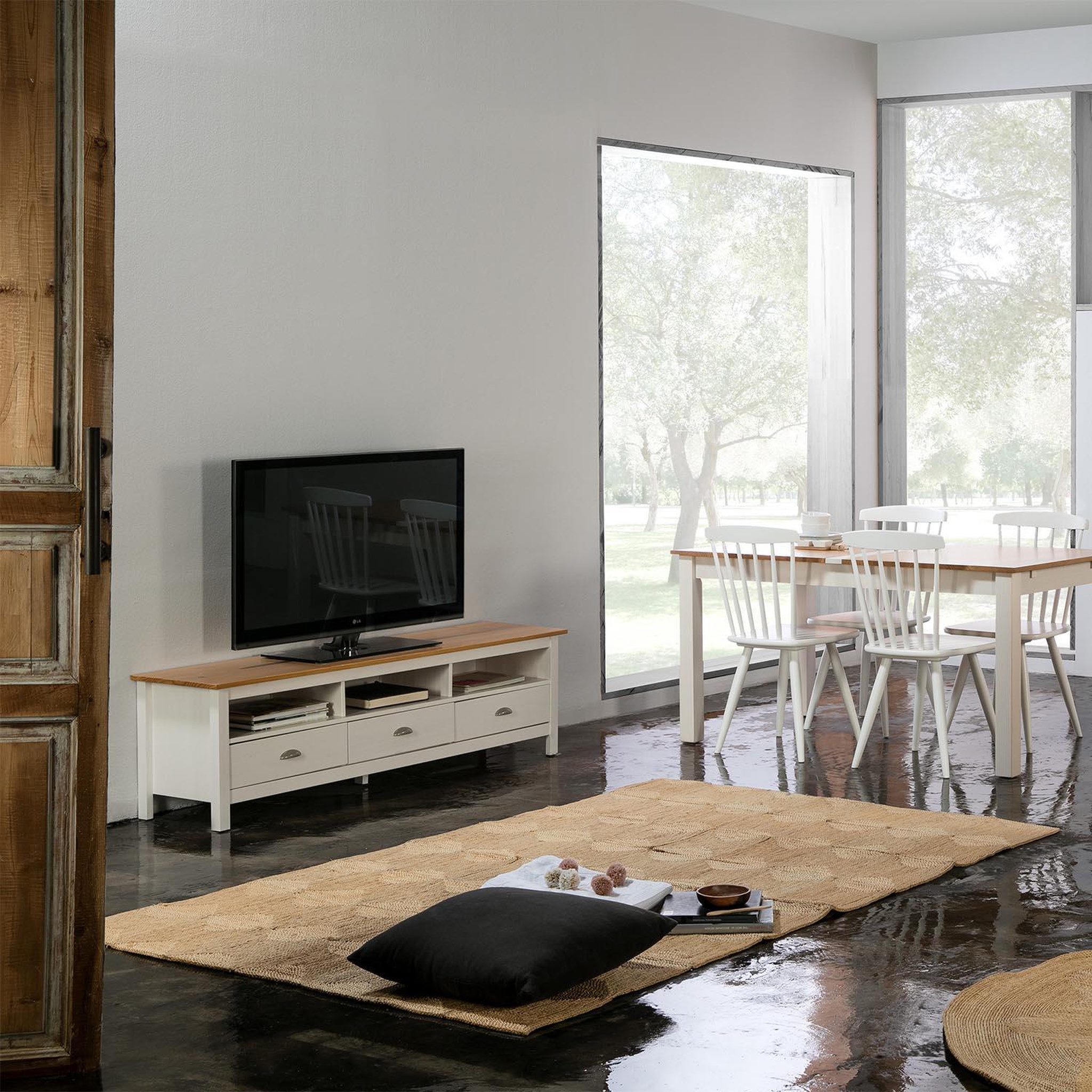 Voir la diapositive 2 : VS VENTA-STOCK Meuble TV Bora Bora 3 tiroirs, Fabriqué en Bois de pin Massif, Blanc, 158 cm
