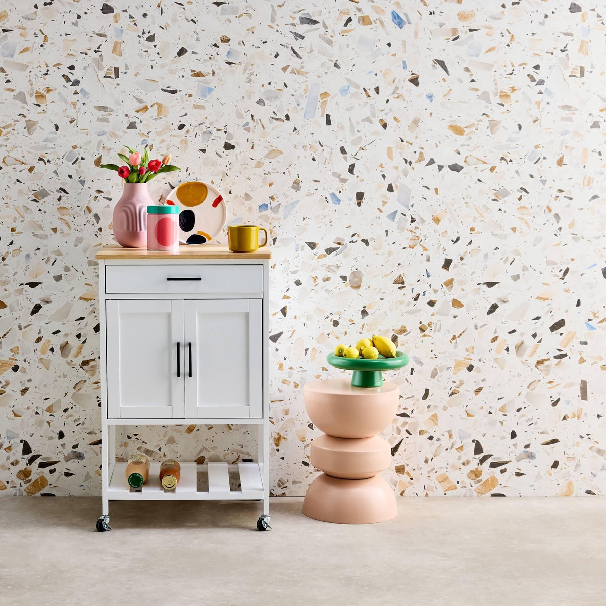 SWEEEK Desserte de cuisine BENDOR plateau en bois d'hévéa, 56 x 46 x 90 cm, 4 roues, 1 tiroir, 2 étagère, 1 double porte, style contemporain