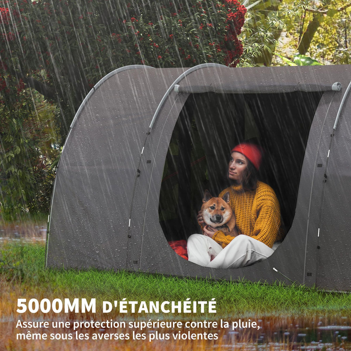 OUTSUNNY Tente camping 6 places - tente tunnel familiale - imperméabilité 5000mm - dim. 4,6 x 3,2 x 1,9 m - sac inclus - gris