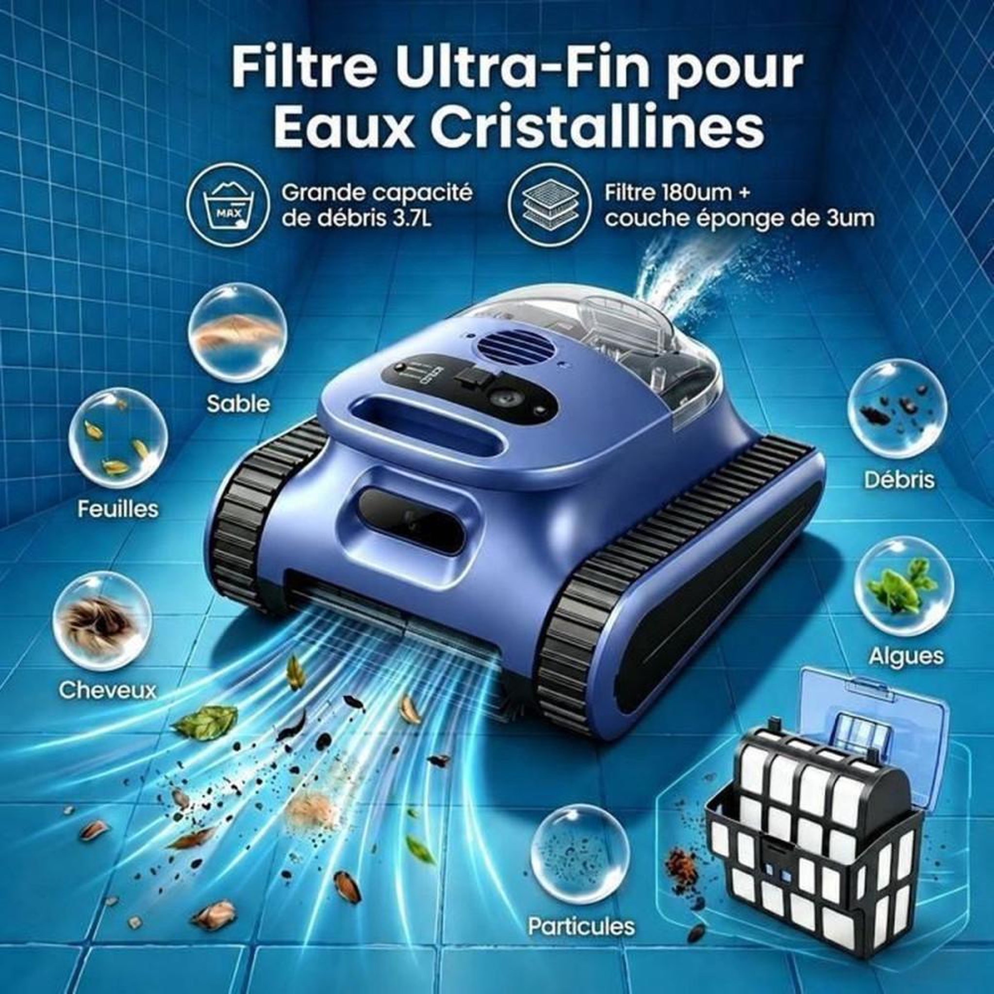 Voir la diapositive 4 : Nettoyeur de piscine robot sans fil, sols parois et marches, commande via appli, 180 min d'autonomie, jusqu'à 200 m²