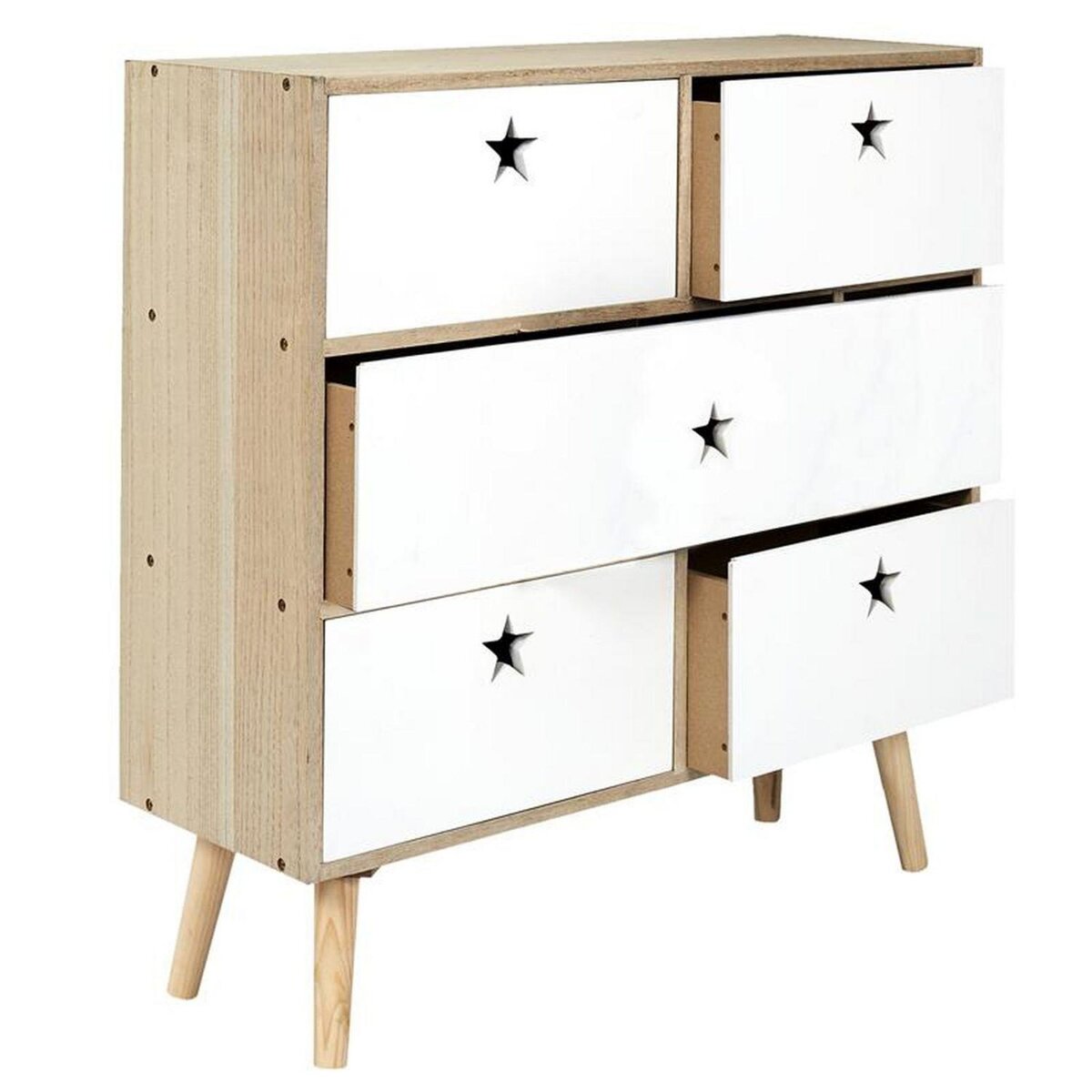 TOILINUX Commode 5 tiroirs Like a Star - en MDF et Bois de Pin - Blanc et Marron