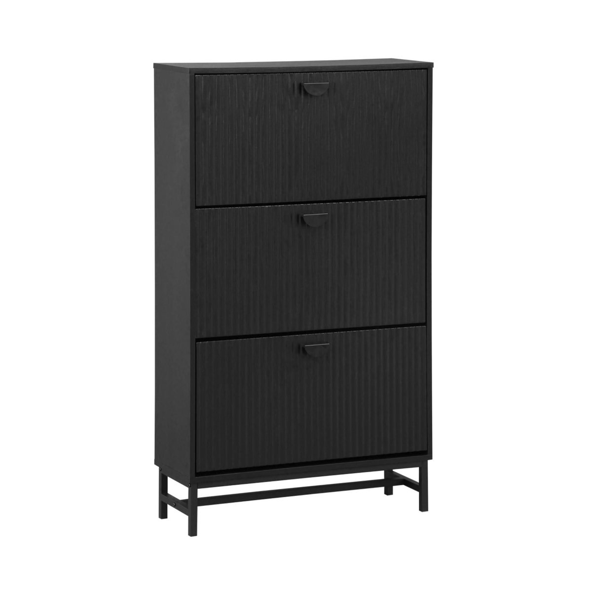 SWEEEK Meuble à chaussures 3 abattants décor bois rainuré noir style contemporain 18 paires