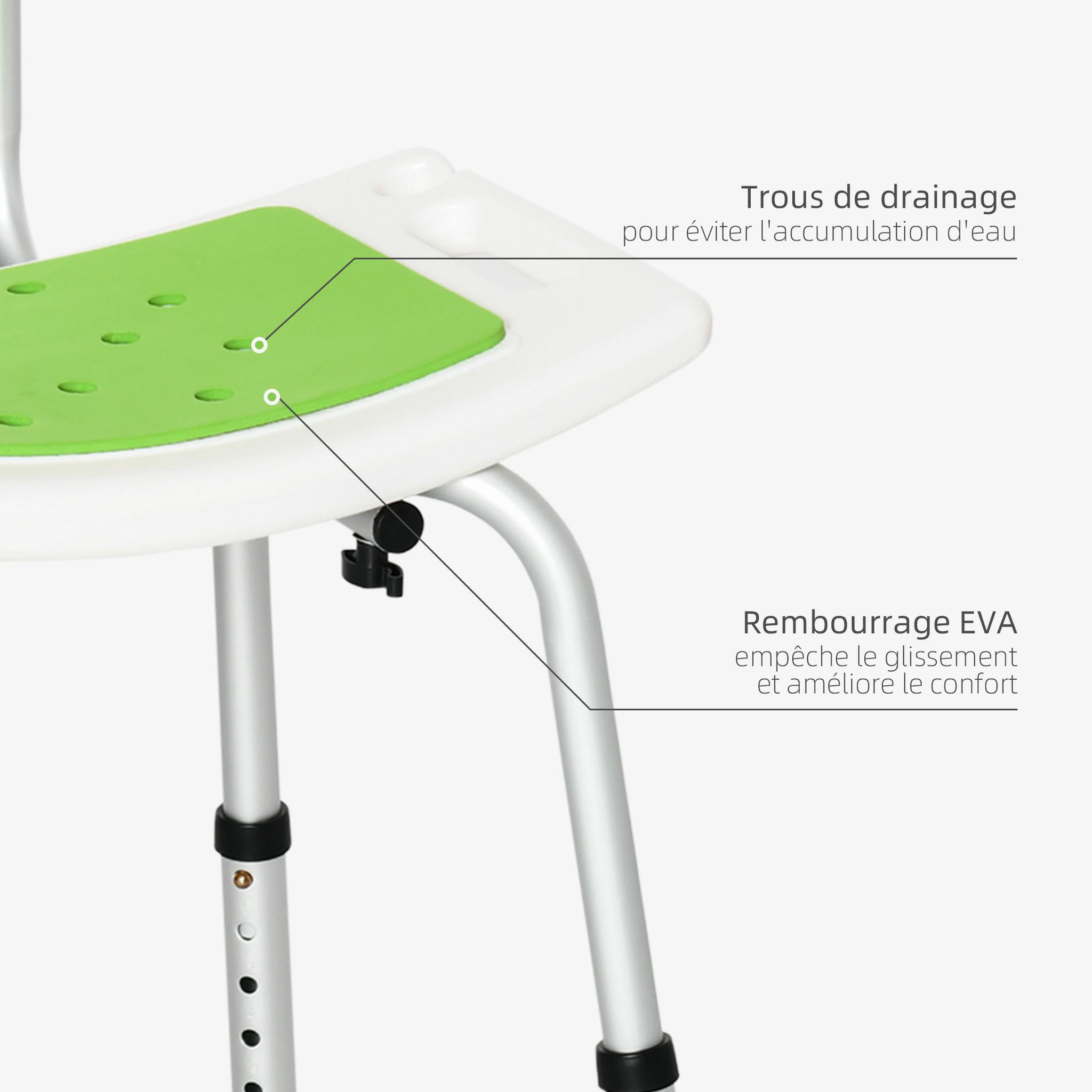 Voir la diapositive 4 : HOMCOM Chaise de douche siège de douche ergonomique hauteur réglable pieds antidérapants charge max. 136 kg alu hdpe vert