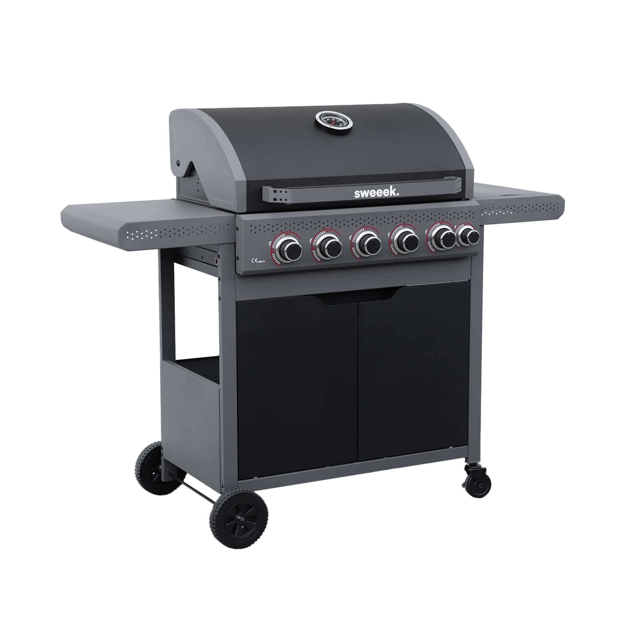 Voir la diapositive 1 : SWEEEK Barbecue au gaz Edmond noir - 5 brûleurs + 1 feu latéral. avec thermomètre. L 132x P62 x H143 cm