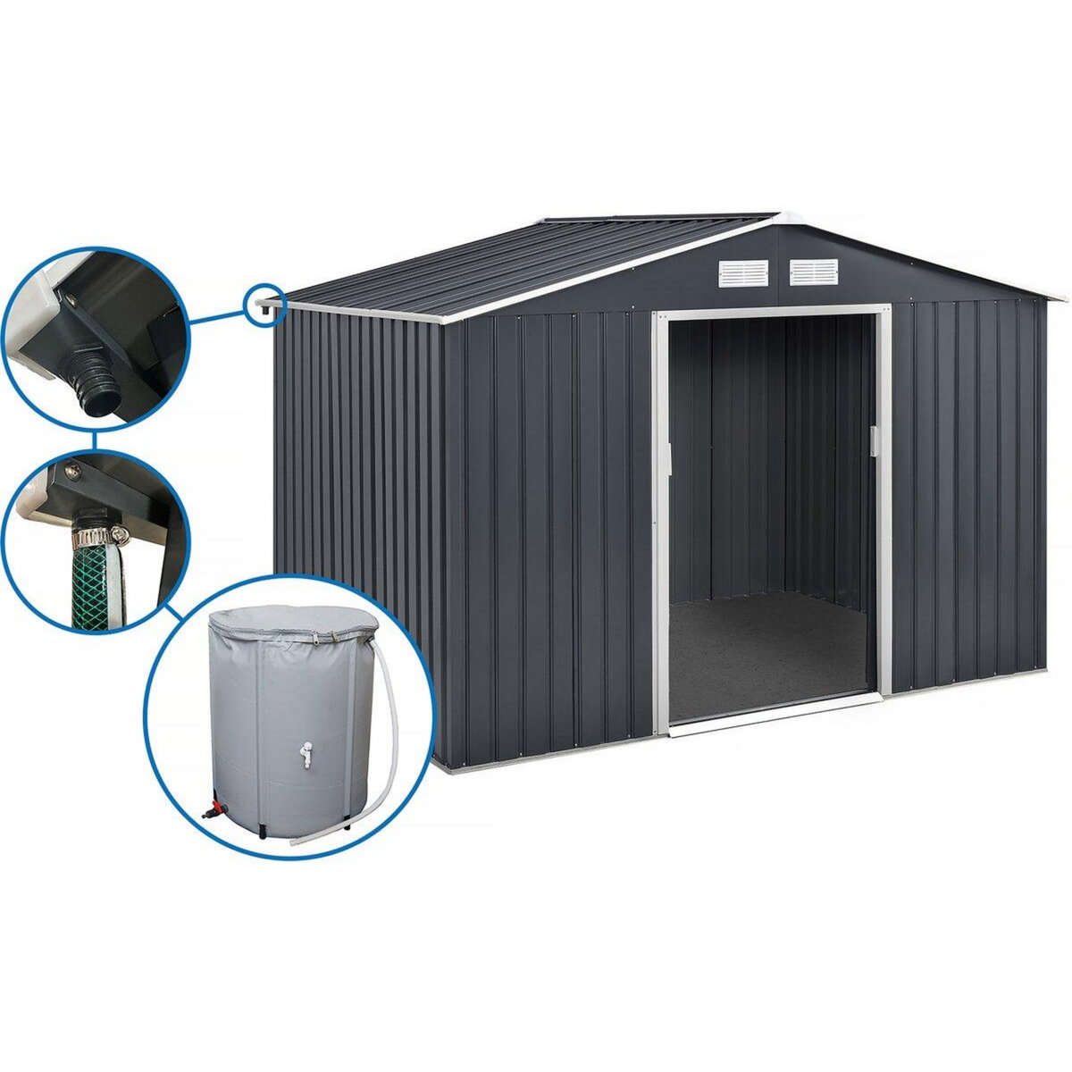 Habitat et Jardin Abri de jardin métal - Vegas  - 7.06 m² avec gouttière et récupérateur d'eau - Gris