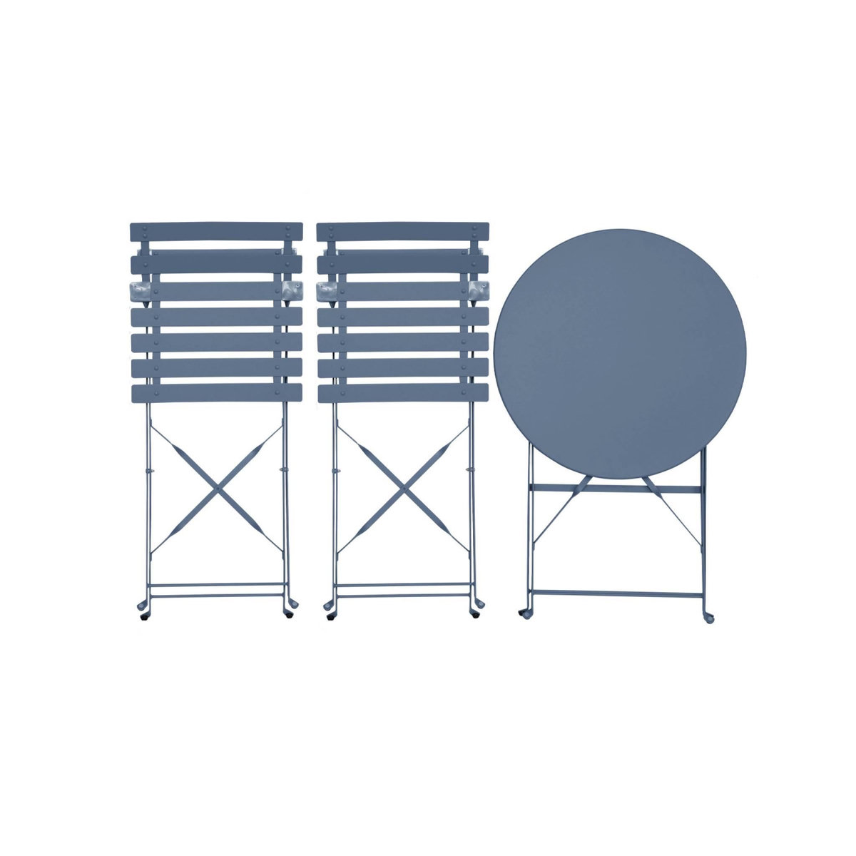 SWEEEK Table de jardin bistrot pliante métal + 2 assises bleu grisé Ø60 x 70cm. acier thermolaqué