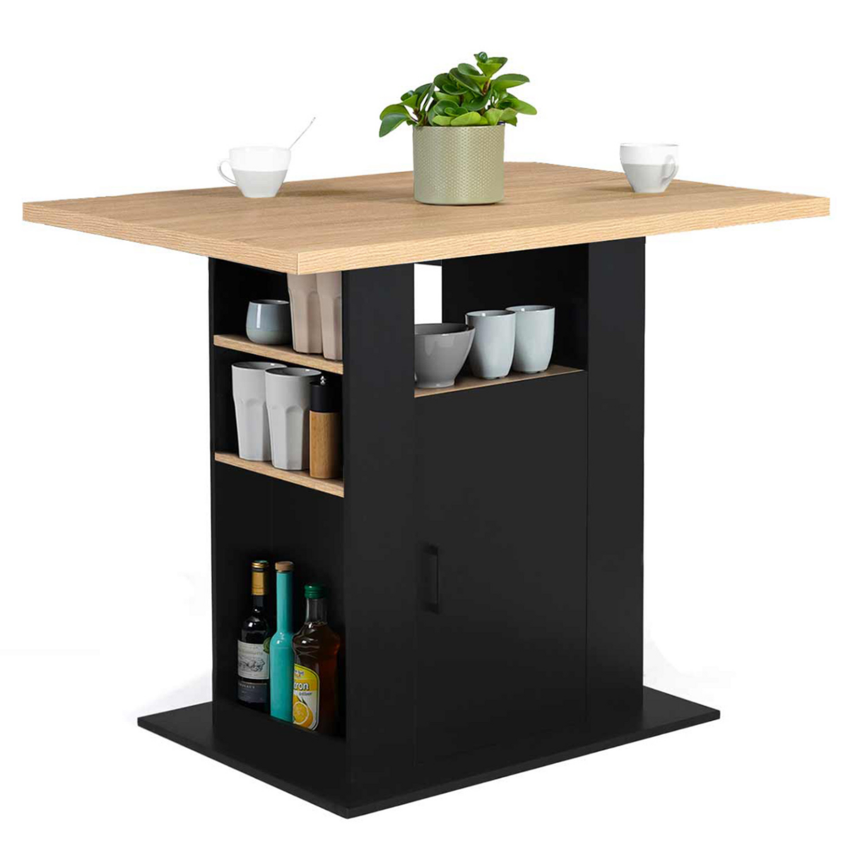 ID MARKET Ilot central UGO 110 cm bois noir et imitation hêtre avec rangements