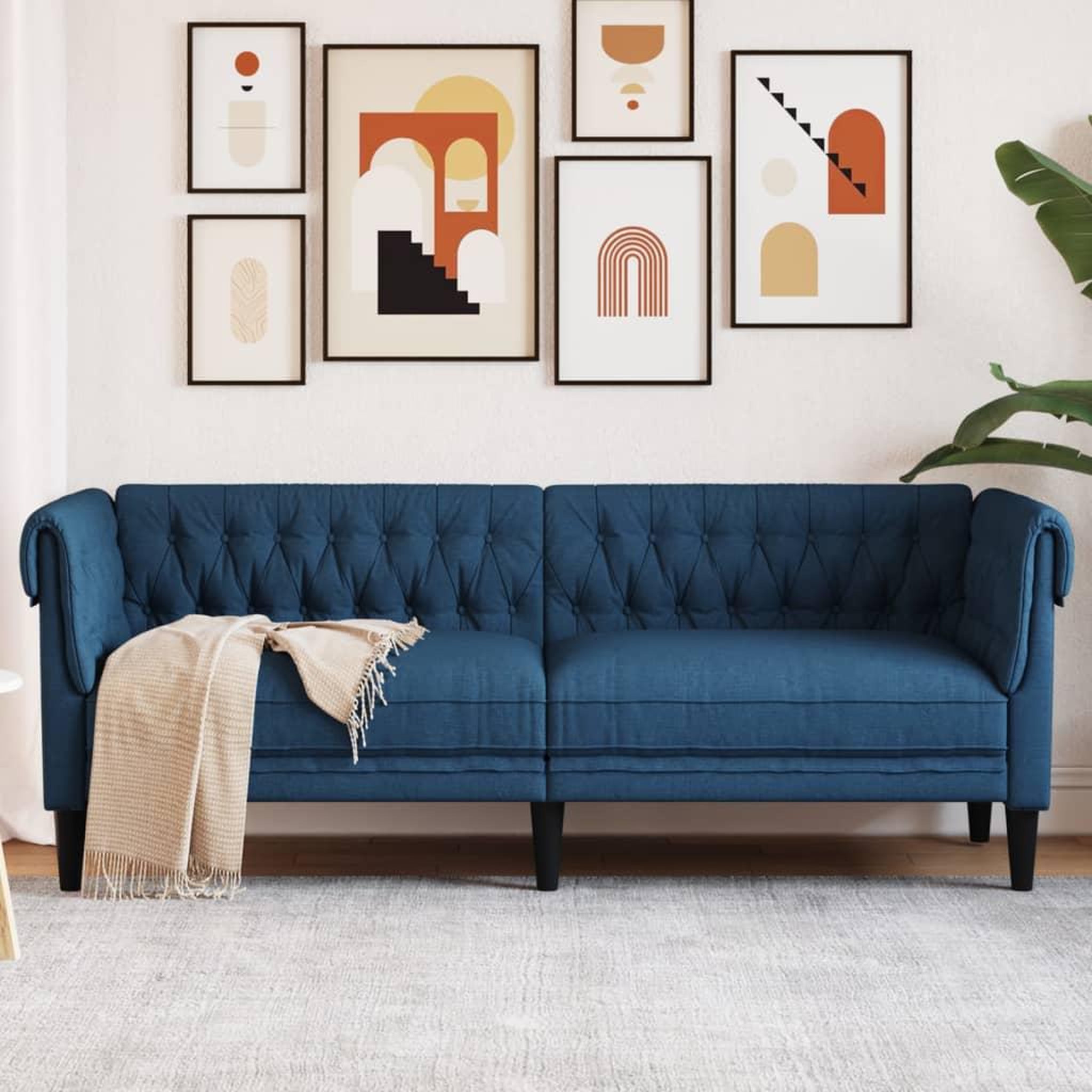 VIDAXL Canape Chesterfield 3 places bleu tissu