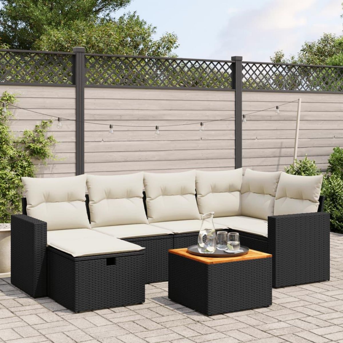 VIDAXL Salon de jardin 7 pcs avec coussins noir resine tressee