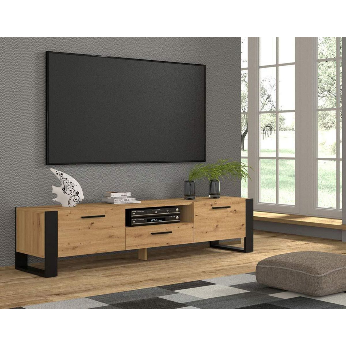 BEST MOBILIER Donnely - meuble tv - effet bois et noir - 200 cm