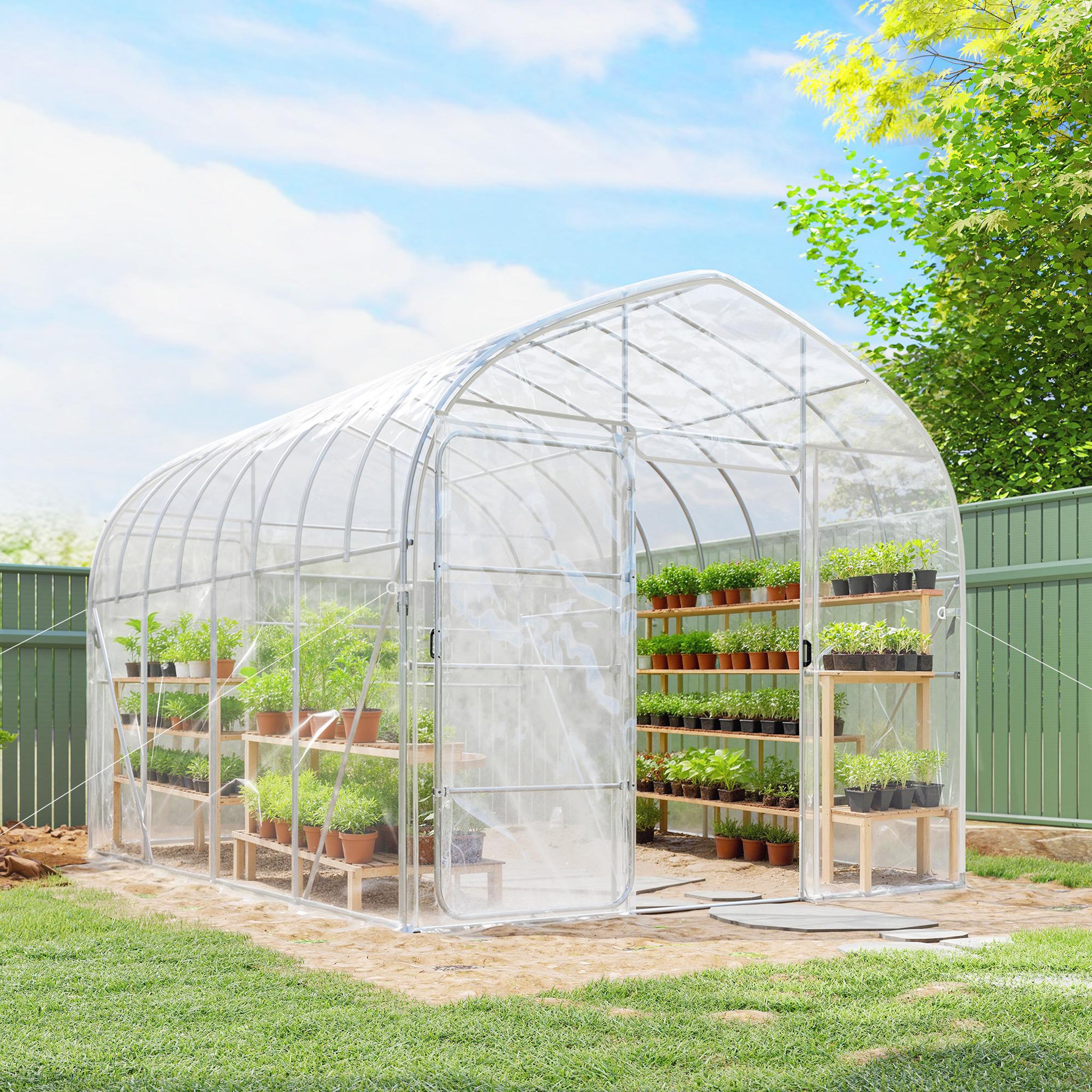 Voir la diapositive 2 : OUTSUNNY Serre tunnel jardin 12 m² - 2 portes - acier galvanisé - bâche transparente