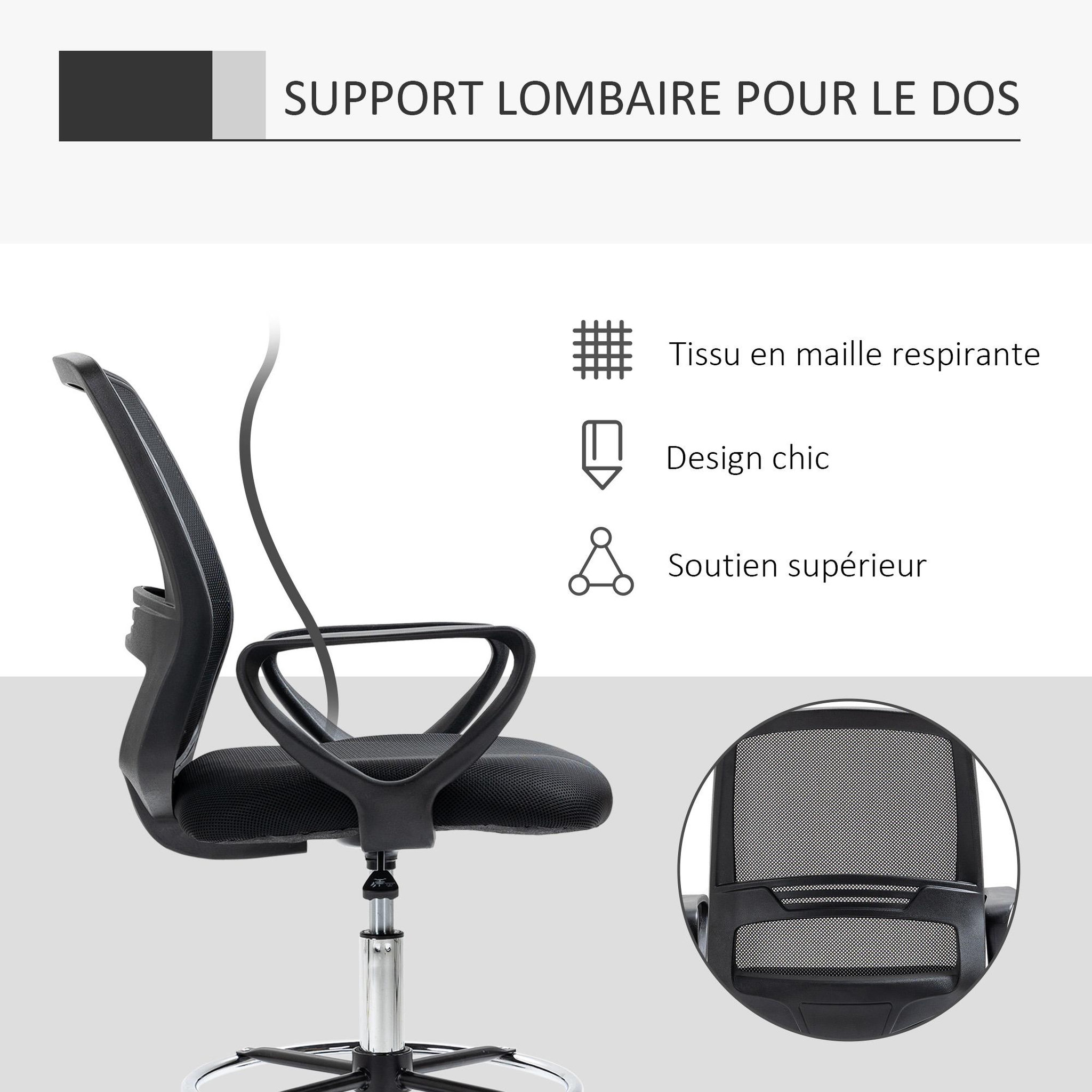 Voir la diapositive 6 : VINSETTO Chaise de bureau assise haute réglable dim. 59L x 60l x 102-126H cm pivotant 360° tissu maille respirante noir