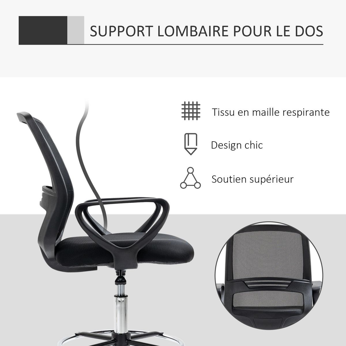 VINSETTO Chaise de bureau assise haute réglable dim. 59L x 60l x 102-126H cm pivotant 360° tissu maille respirante noir