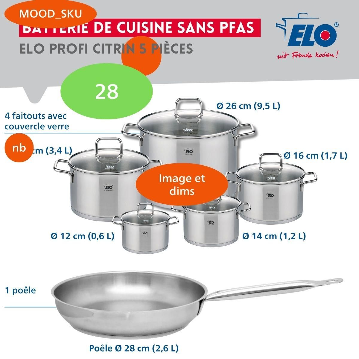 ELO Ensemble de 1 Poêle de cuisson 28 cm et 4 faitouts 12, 14, 20 et 26 cm Elo Profi Citrin
