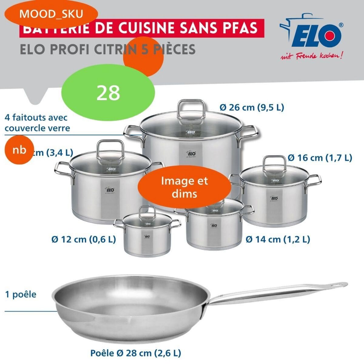 ELO Ensemble de 1 Poêle de cuisson 28 cm et 4 faitouts 12, 14, 20 et 26 cm Elo Profi Citrin
