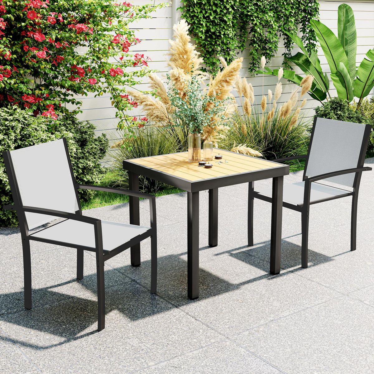 OUTSUNNY Lot de 2 chaises de jardin empilables avec accoudoirs acier noir textilène gris clair