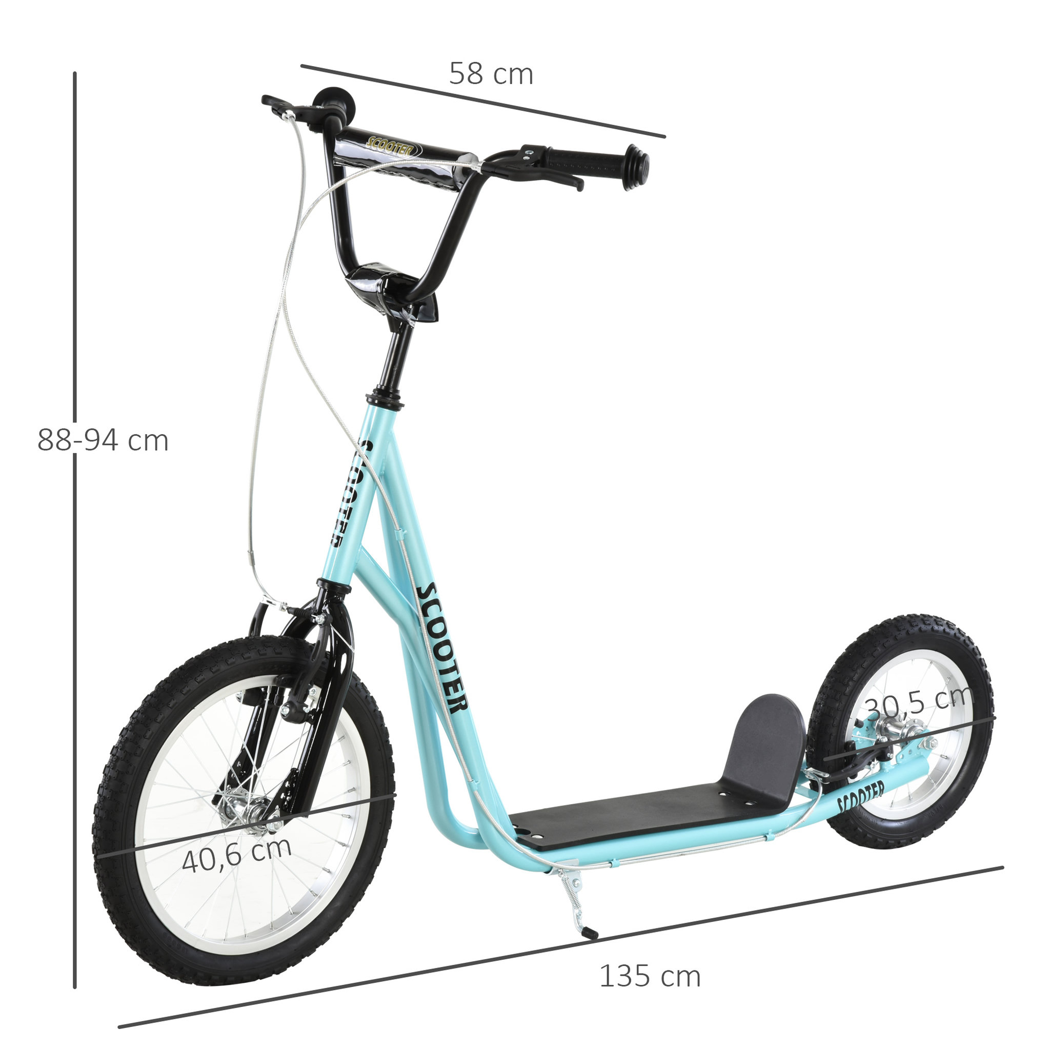 Voir la diapositive 3 : HOMCOM Trottinette patinette freestyle grandes roues pneumatiques Ø 40 et 30 cm hauteur guidon réglable frein AV/AR béquille acier bleu ciel noir