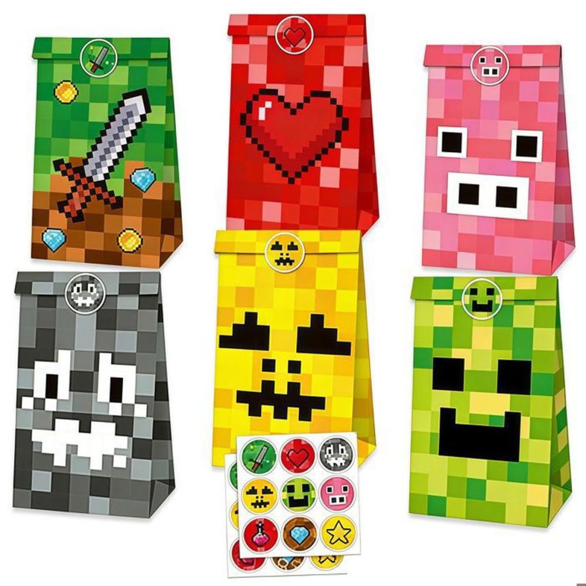 Sacs cadeaux Minecraft avec poignées, lot de 30, 4 motifs pixelisés et 18 autocollants ronds